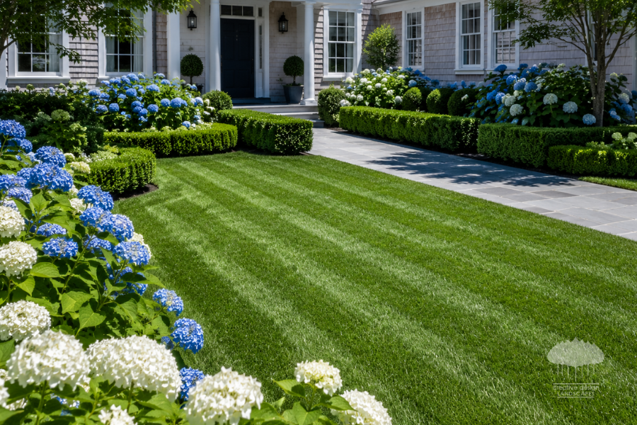 Manicured lawn and hydrangeas framing a guest-ready Hamptons landscaping entrance