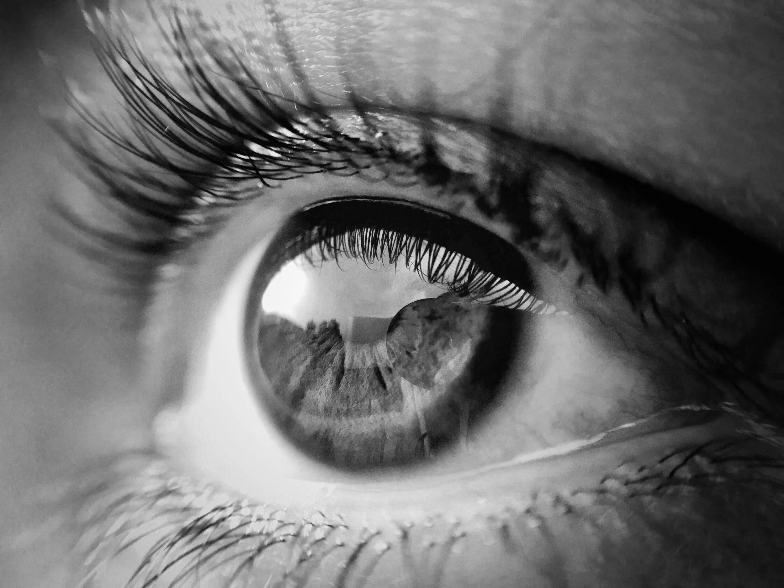 A close-up, black-and-white photograph of a human eye, showing the eyelashes, the iris, and the eye's reflection.