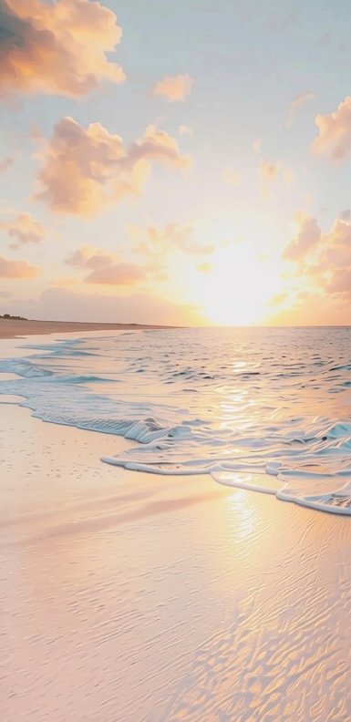 Sunset over a sandy beach with gentle waves and some clouds in the sky.