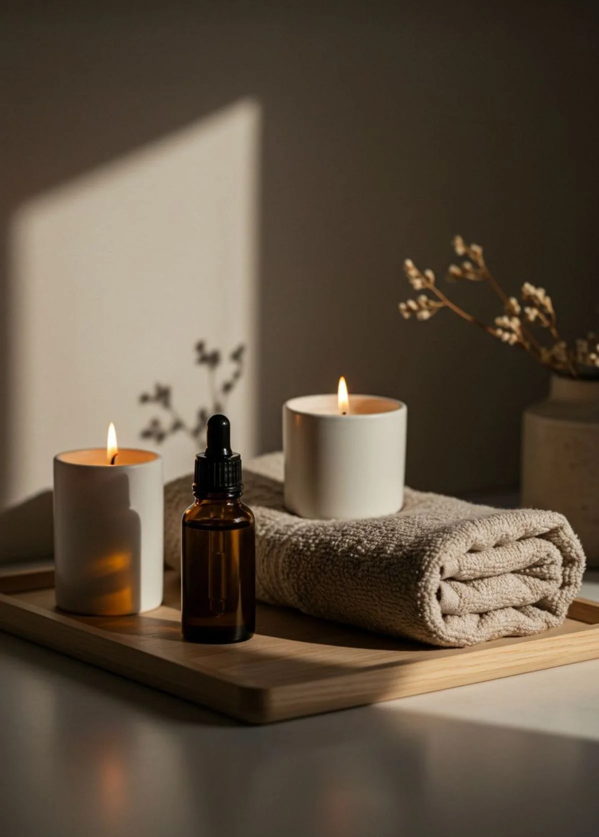 A spa or relaxation setting with two lit candles, a small brown glass dropper bottle, a folded beige towel, and a vase with dried flowers on a wooden tray with a soft shadow of a plant in the background.