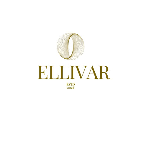 Logo with a gold circular abstract design above the word "ELLIVAR" in gold font, with "ESTD 2026" below.