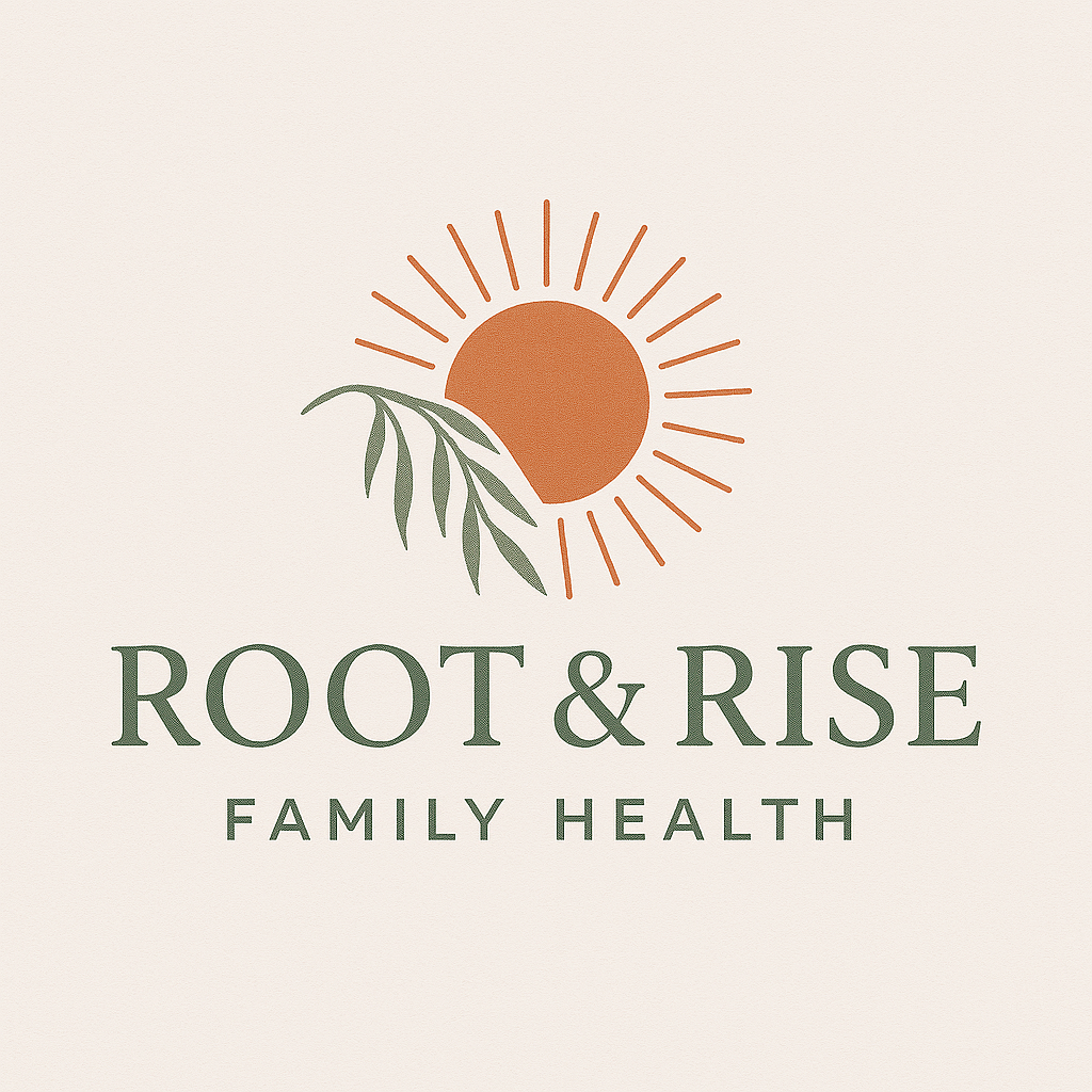 Logo for Root & Rise Family Health featuring a sun with orange rays, a brown center, and a green leaf.