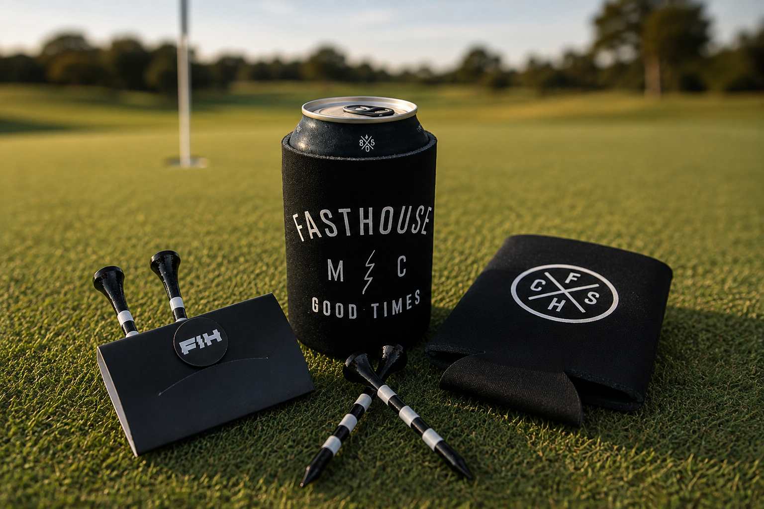 Golf accessories on the grass, including a black can cooler with white text, a folded cloth with a white logo, and black and white golf tees.