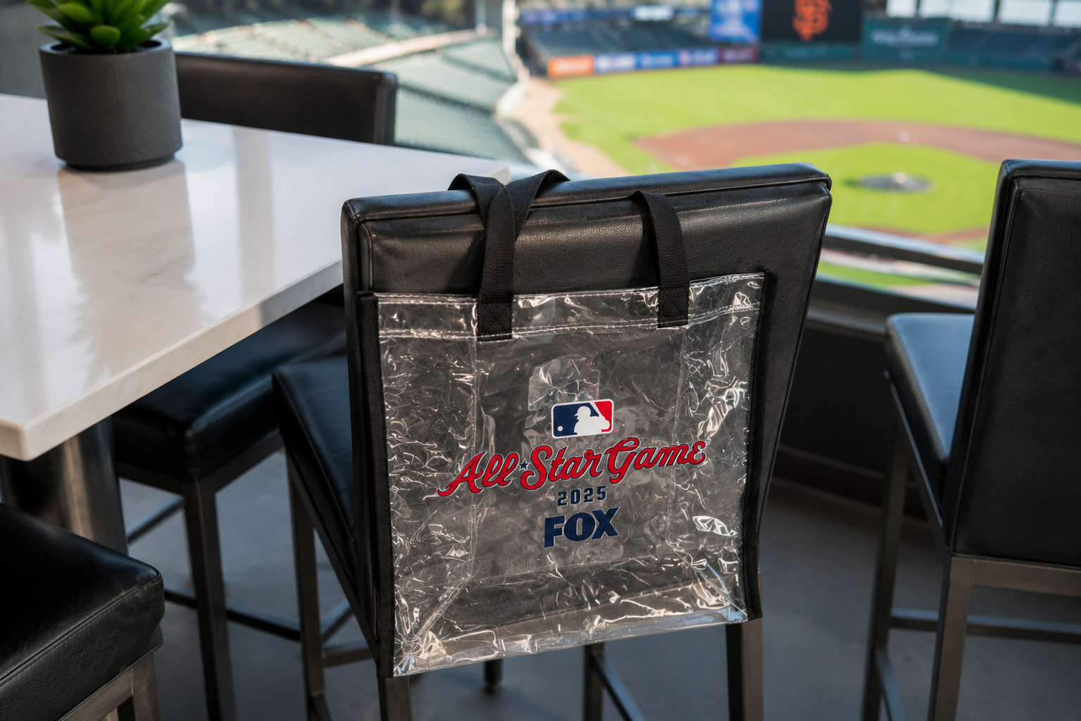 A black chair with a transparent plastic bag hanging from the backrest, displaying the 2025 All-Star Game logo, FOX branding, and MLB logo, at a baseball stadium overlooking the field.