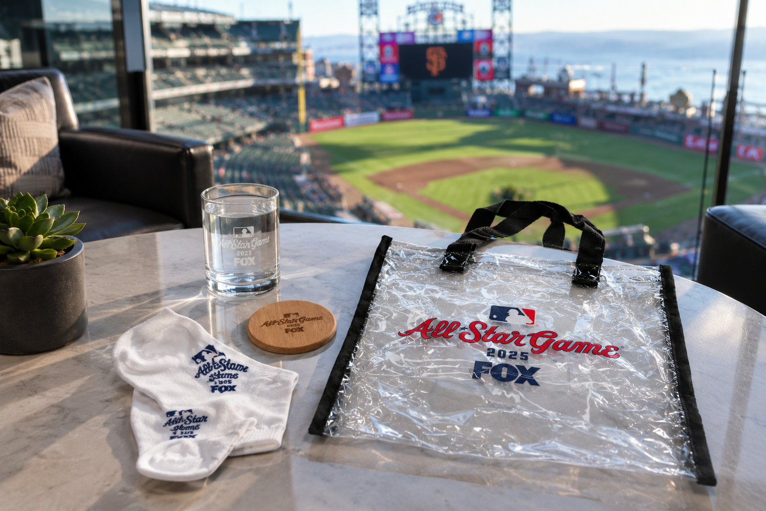 A table with a small plant, a glass of water, a white cloth with blue 'All Star Game 2025 FOX' text, and an empty clear plastic bag with black handles and similar text, overlooking a baseball stadium from a private suite with the field, stands, and a
