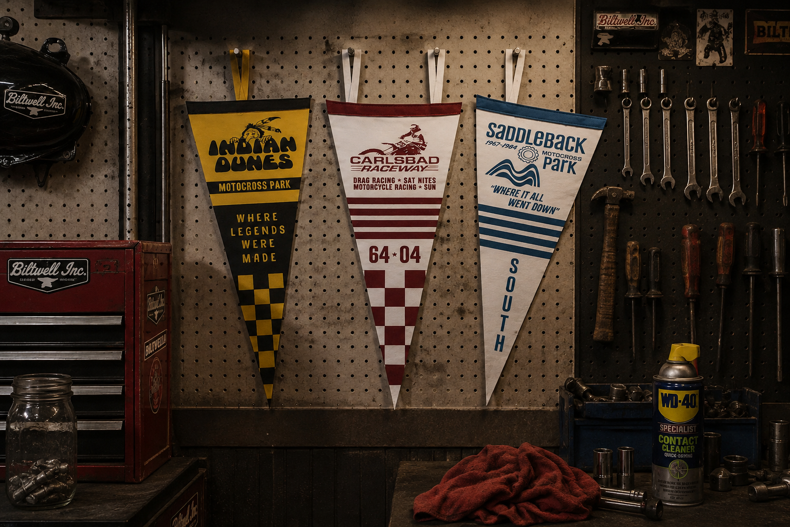 Workshop with three vintage motocross flag banners hanging on a pegboard wall, surrounded by tools and a toolbox