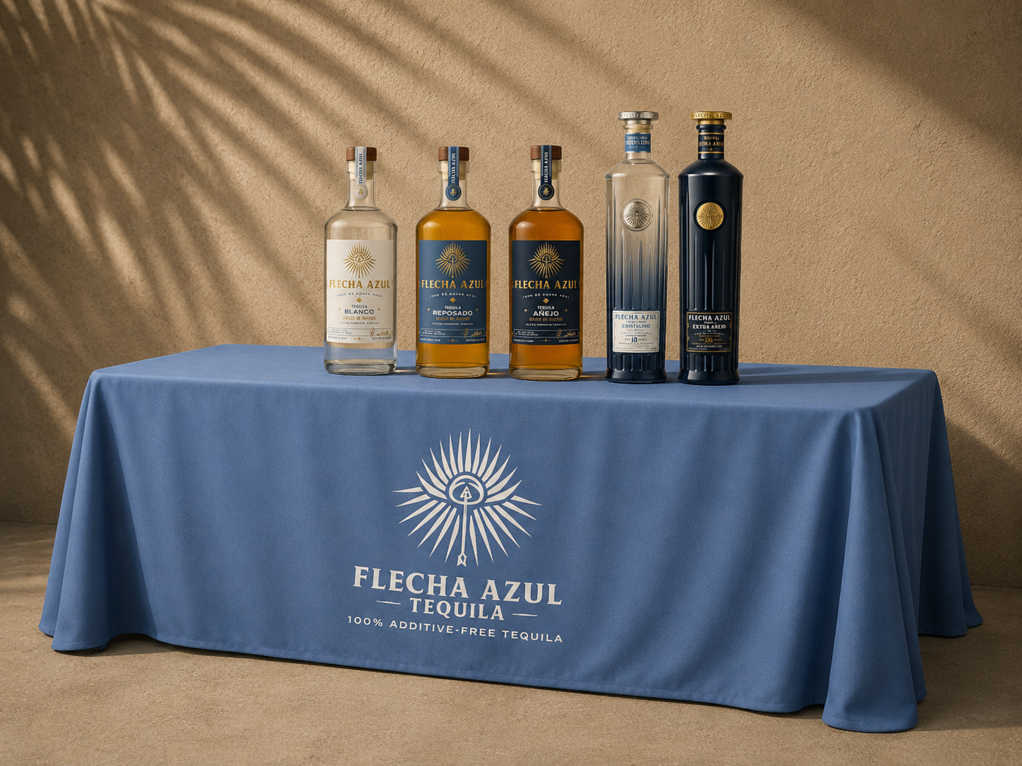 Five bottles of Flecha Azul tequila on a table with a blue tablecloth featuring the Flecha Azul logo and text. The bottles vary in size and type, including blanco, reposado, añejo, and extra añejo tequilas, with sunlight casting shadows on the wall b