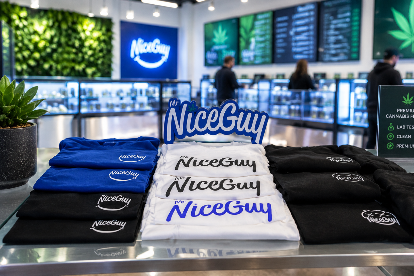 Display of neatly folded t-shirts with "NiceGuy" logo in blue, black, and white colors on a table at a dispensary.