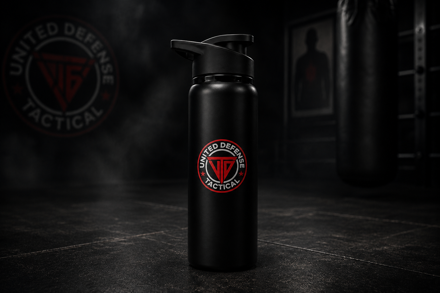 Black water bottle with a red and white logo reading 'United Defense Tactical' on a dark gym floor, with a punching bag and wall decals in the background.