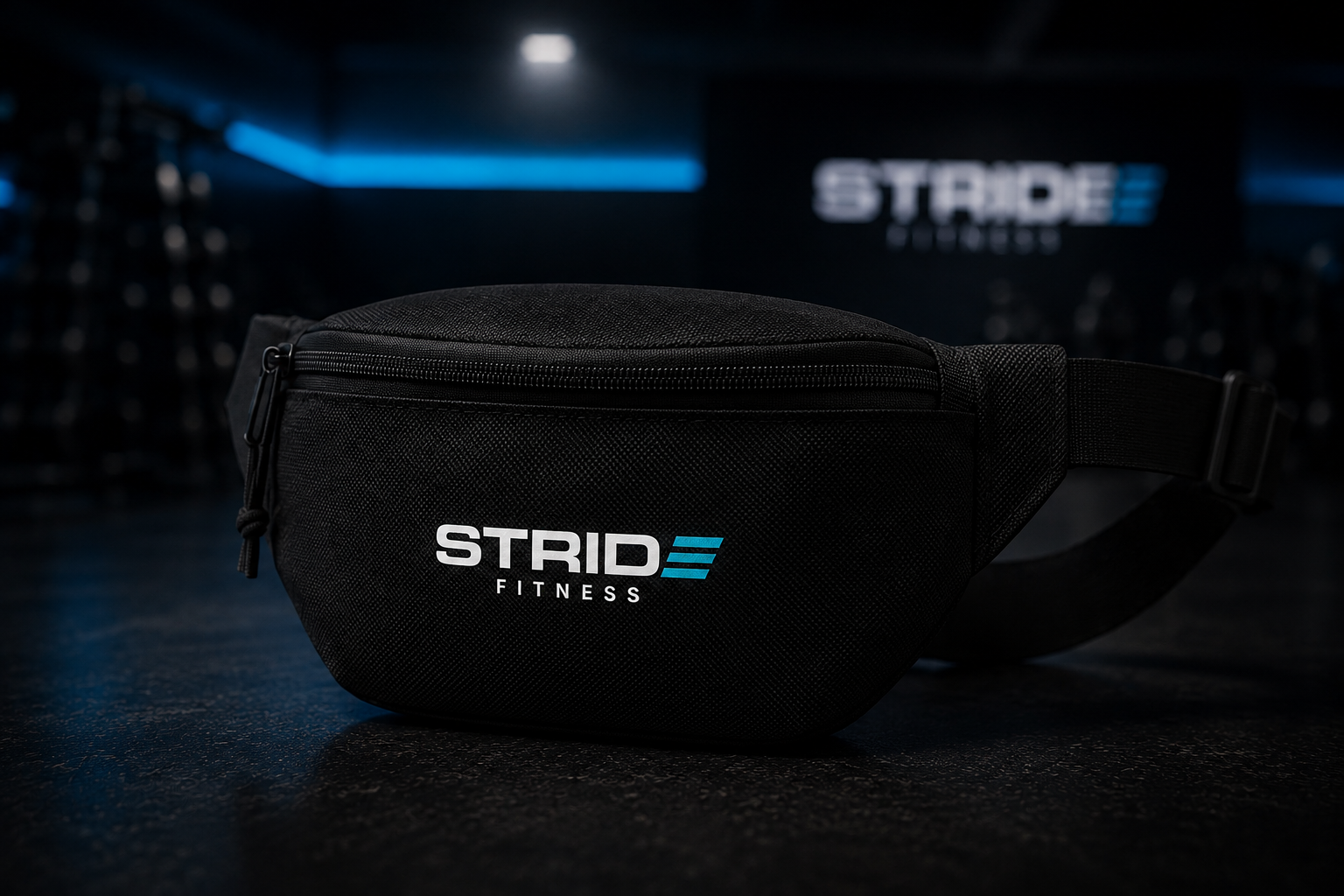 Black waist bag with 'STRIDE FITNESS' logo, placed on a gym floor with a dimly lit gym background.