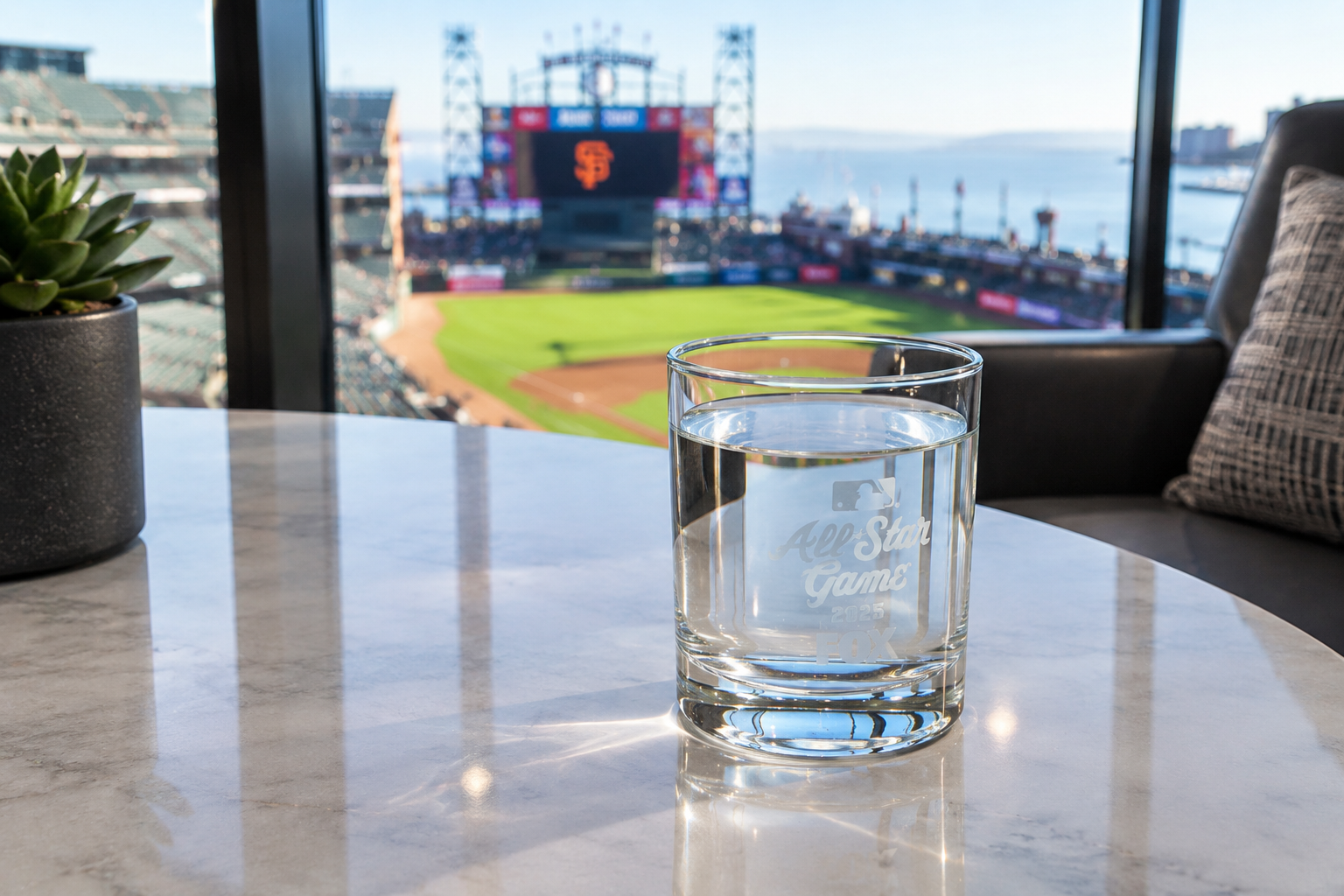 A glass of water with the MLB All-Star Game logo on it, placed on a marble table. In the background, a view of a baseball stadium with empty seats and a large screen, near a body of water.
