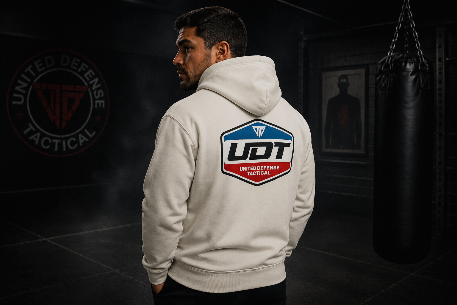 A man in a white hoodie with a logo that reads 'UDT United Defense Tactical' on the back, standing in a gym with black walls, a punching bag, and framed pictures.