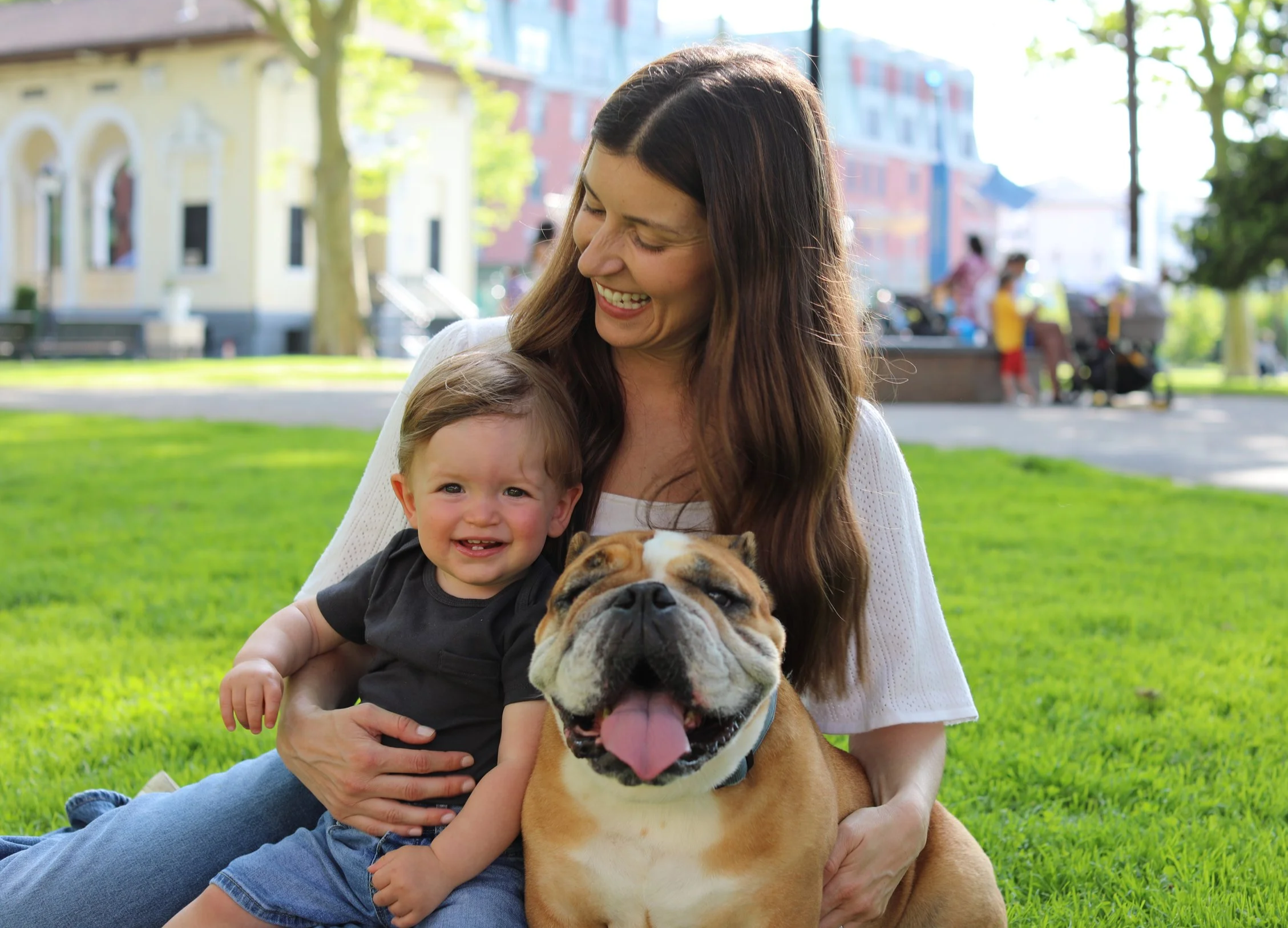 A woman with long brown hair smiling while holding a young boy in her arms on a grassy park. A large bulldog with a happy expression is sitting in front of them. The background shows trees and some people sitting on benches, with colorful buildings b