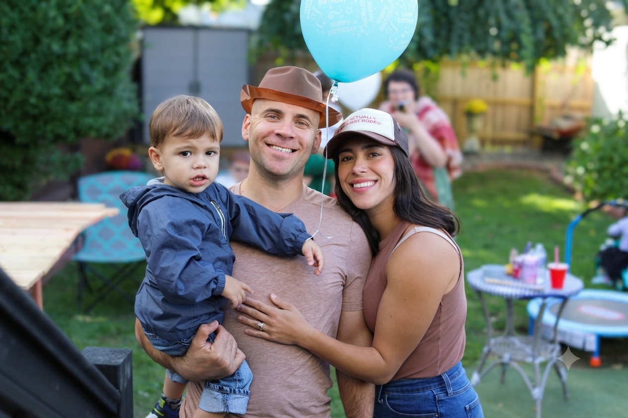 Family gathered outdoors at a birthday celebration, with a man holding a young boy, and a woman smiling next to them, holding a blue birthday balloon.