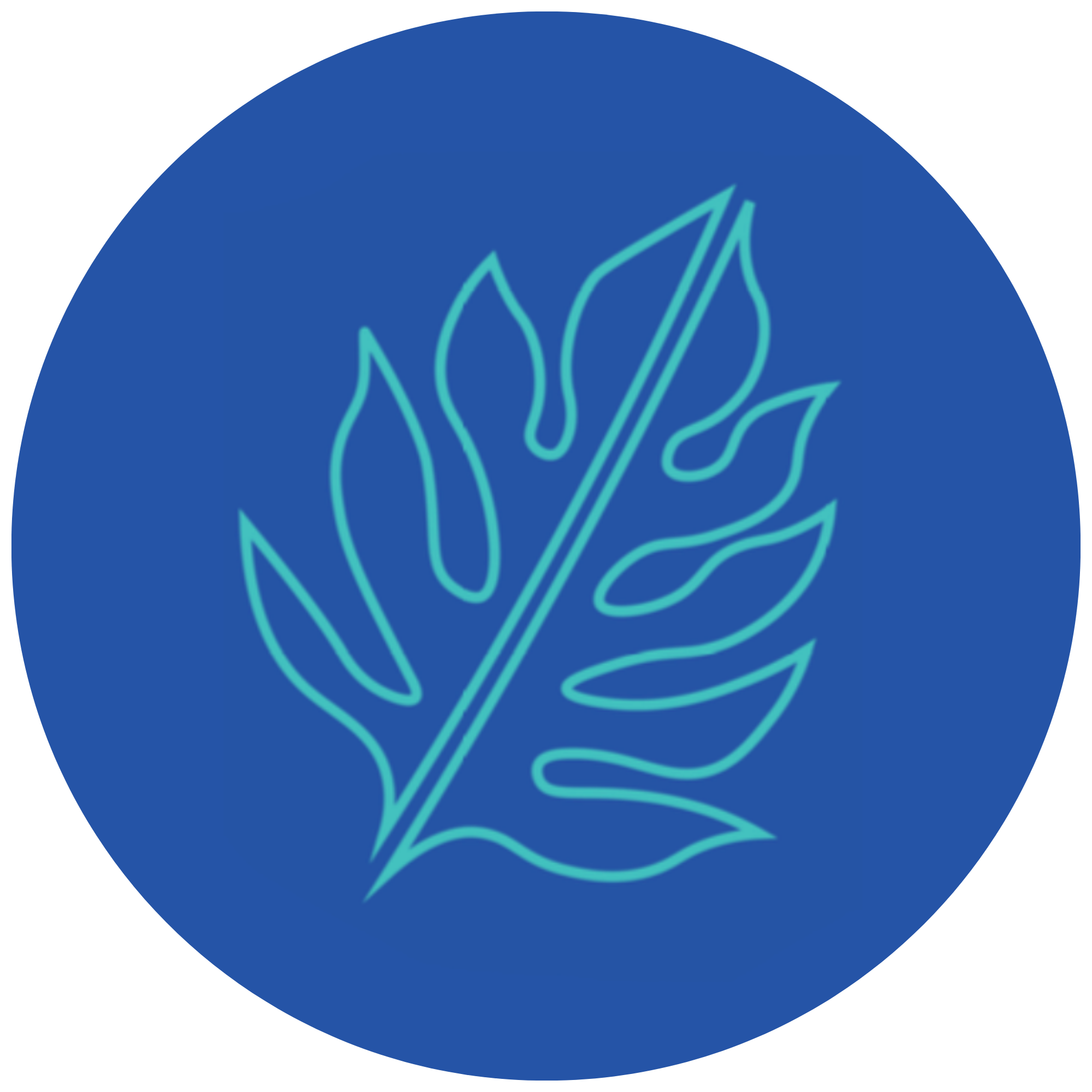 A circular logo with a light blue background and a dark blue design resembling an abstract arrow or leaf in the center.