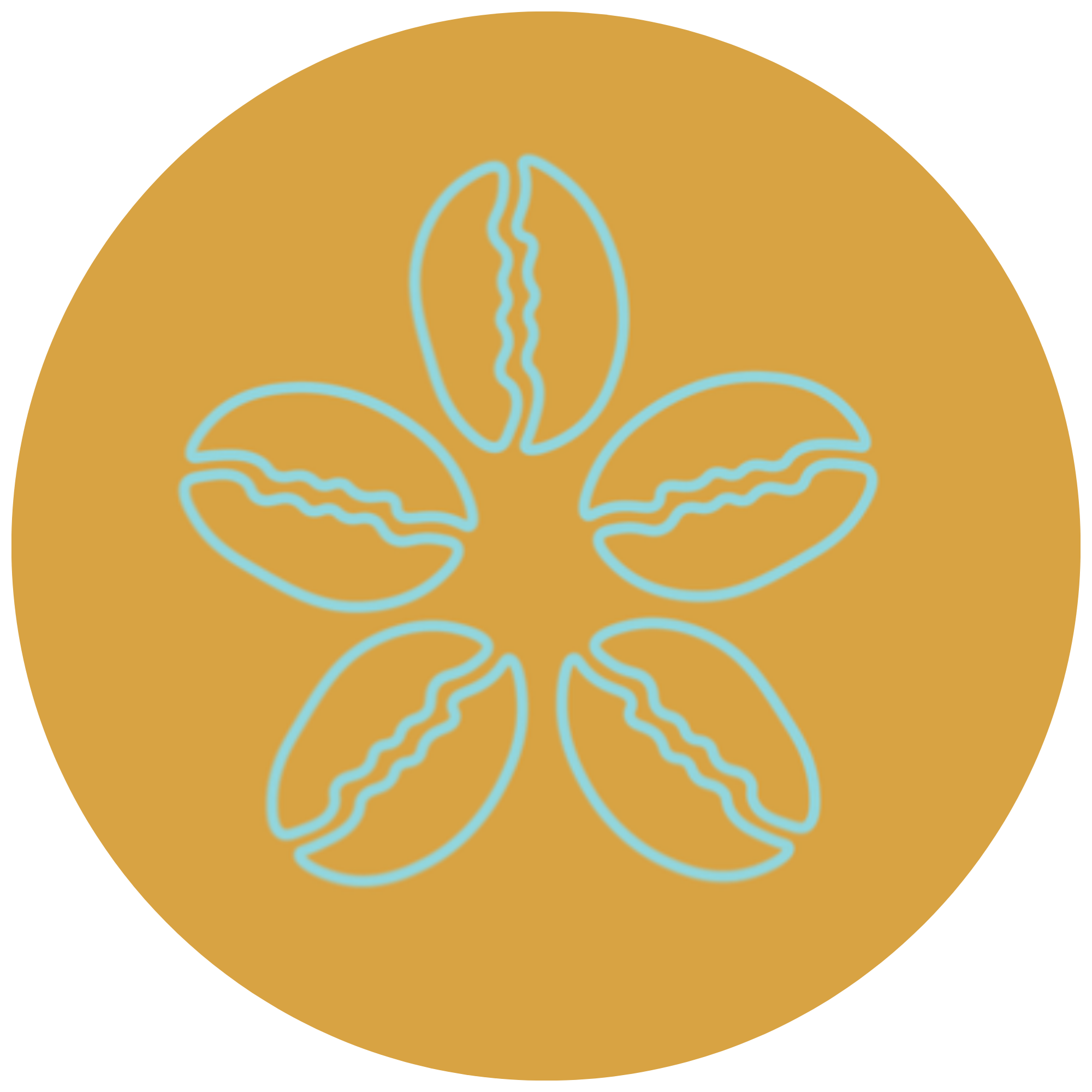 Line drawing of a flower with five petals outlined in light blue on a mustard yellow circular background.