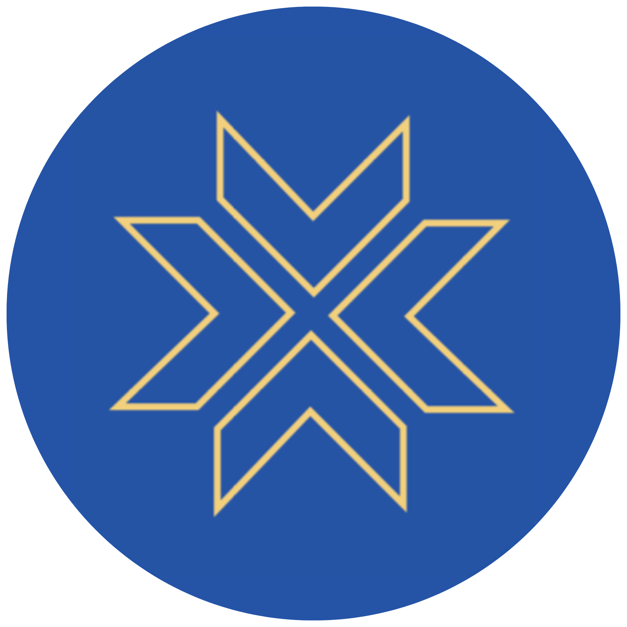 Three stylized arrow shapes in yellow, blue, and dark purple pointing upward, arranged vertically on a white circular background.