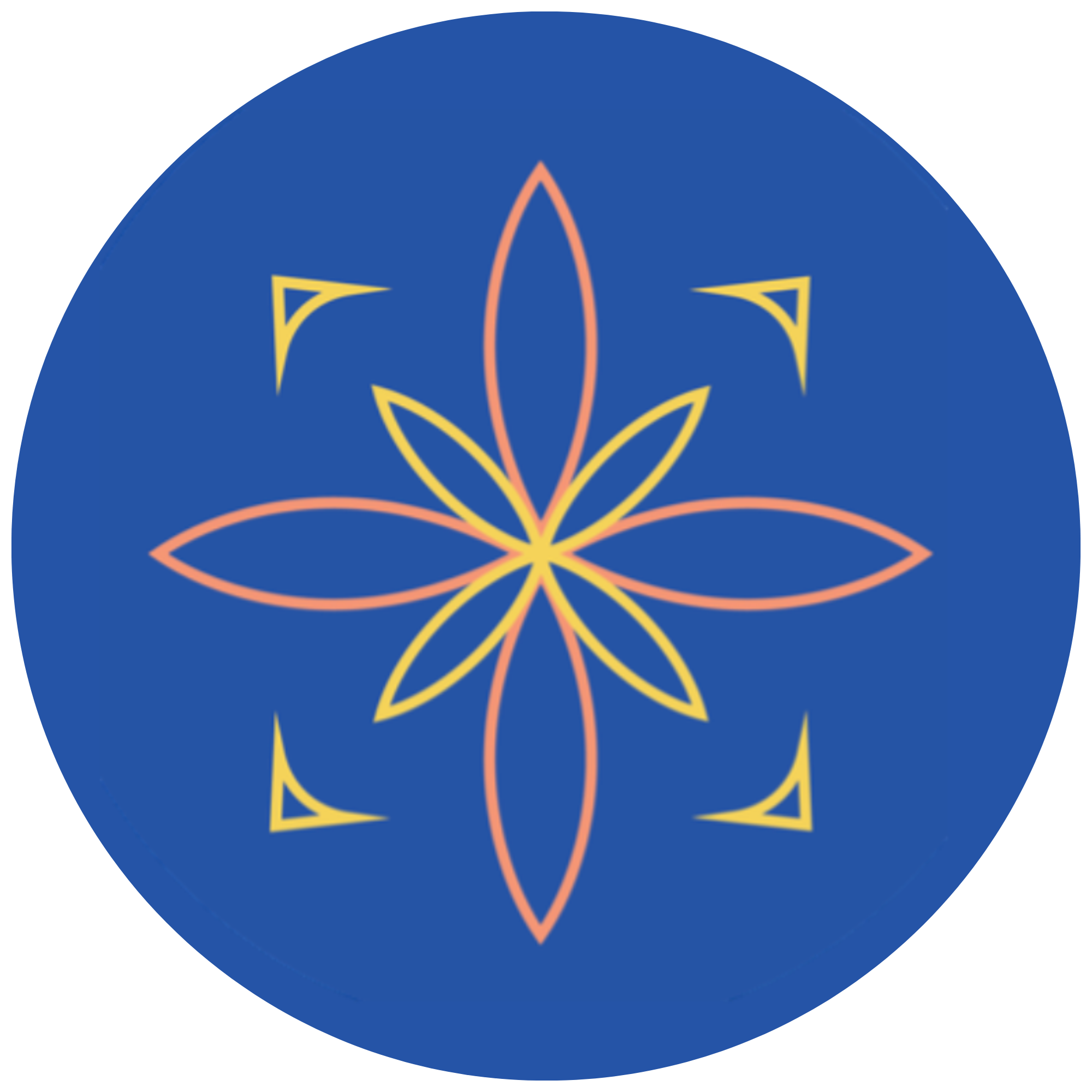 Stylized logo with interconnected geometric shapes on a blue circular background