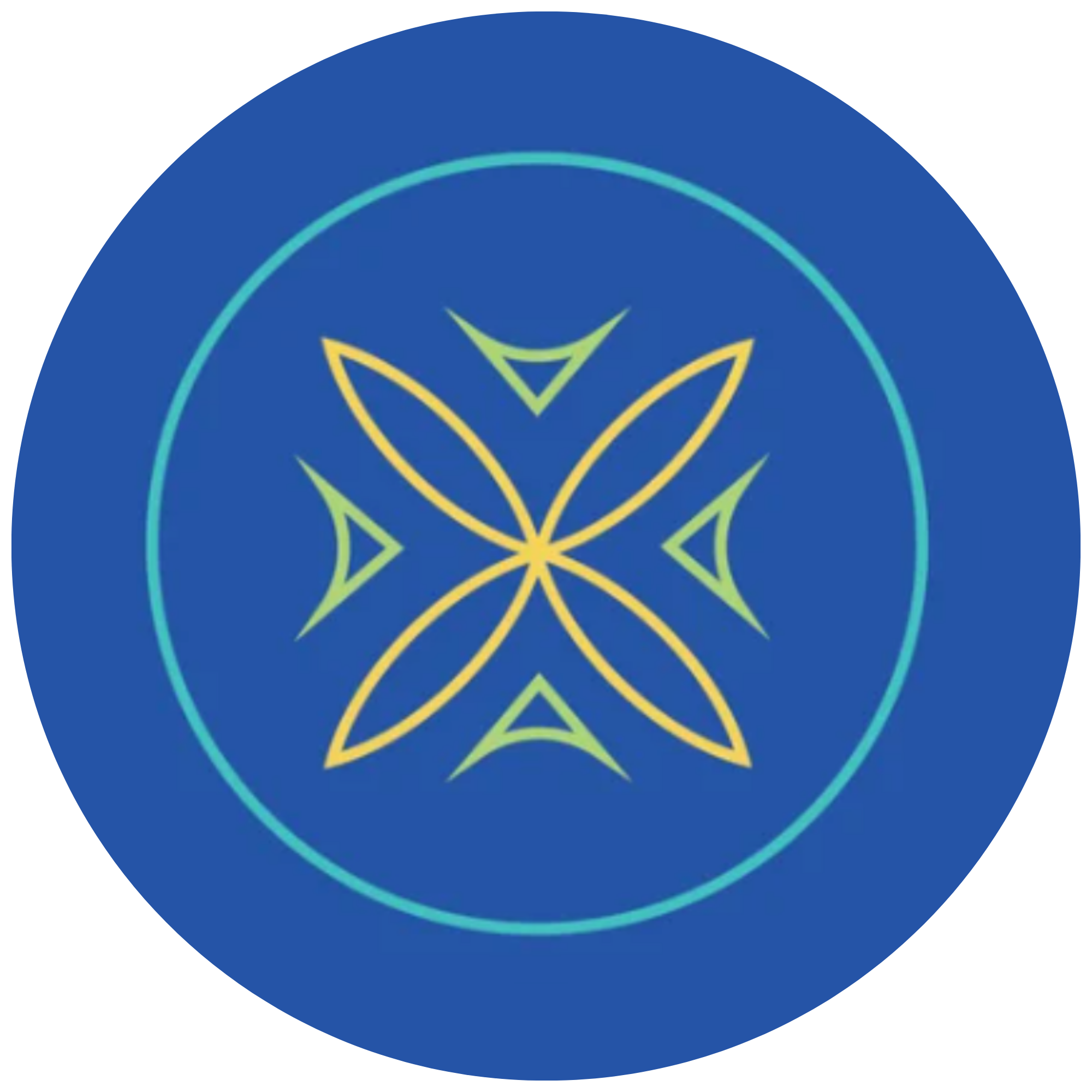 Abstract geometric design with overlapping yellow, blue, and green outlined shapes on a dark blue background.