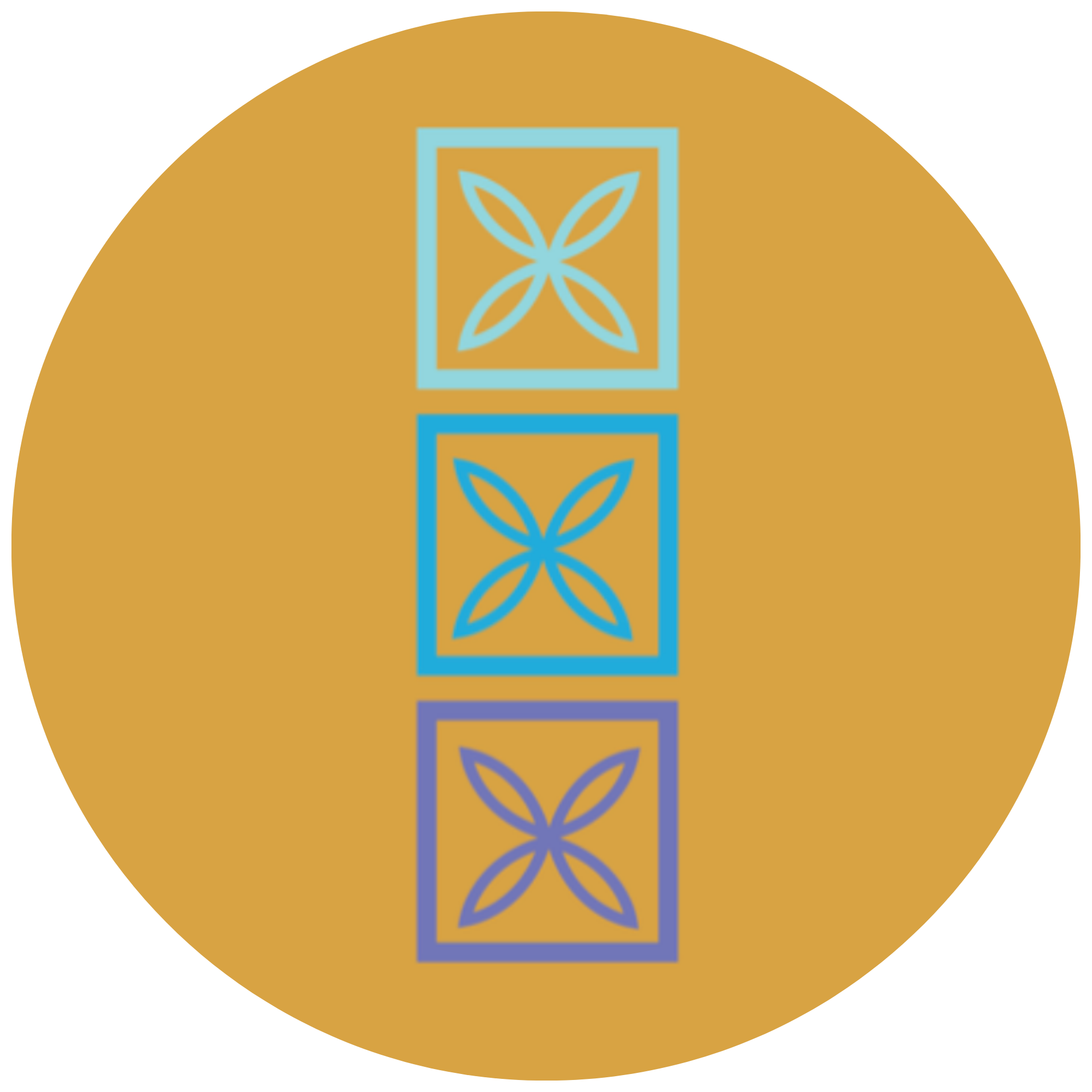 A digital graphic with a gold background featuring three rectangular sections, each containing a blue outline of a leaf within a square.