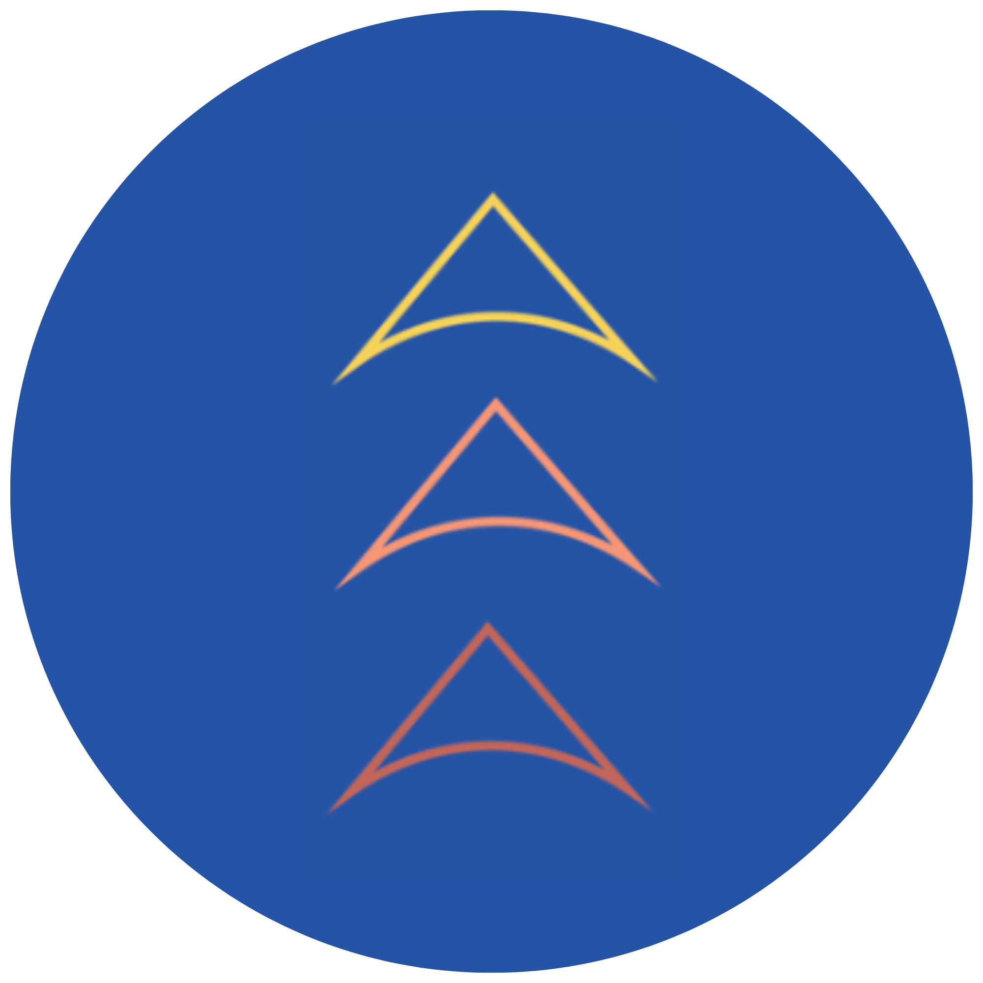 Close-up of a colorful graphic with a blue circular background and a yellow triangle and orange arrow-like shapes in the center.