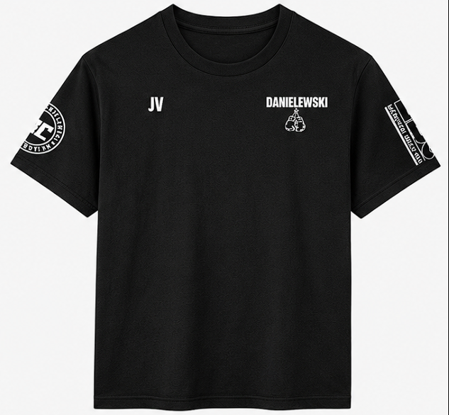 Black t-shirt with white text and graphics, featuring initials 'JV' and 'DANIELEWSKI' with boxing gloves illustration, and logos on the sleeves.