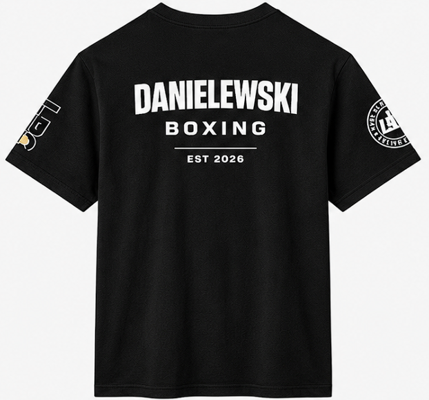 Black T-shirt with white text reading 'DANELEWSKI BOXING' and 'EST 2026', with additional logos on the sleeves.