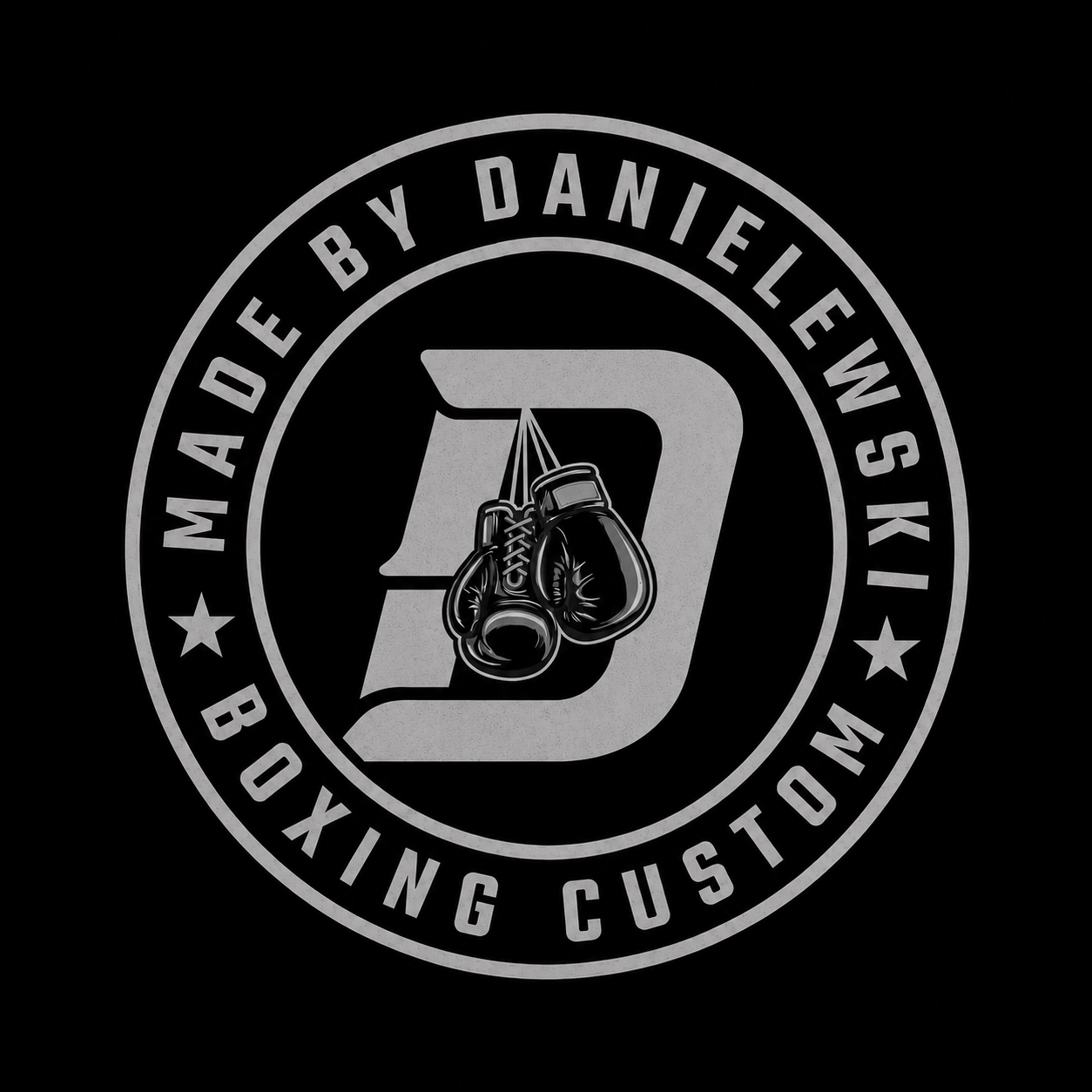 Logo featuring a large letter D with boxing gloves hanging on the inner side, surrounded by a circular border with the text 'Made by Daniele W Skit Boxing Custom'.
