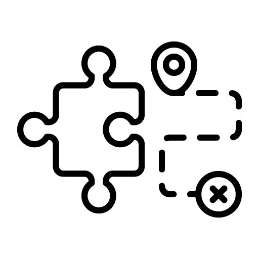 Puzzle piece with map pointer, dotted lines, and an X mark.