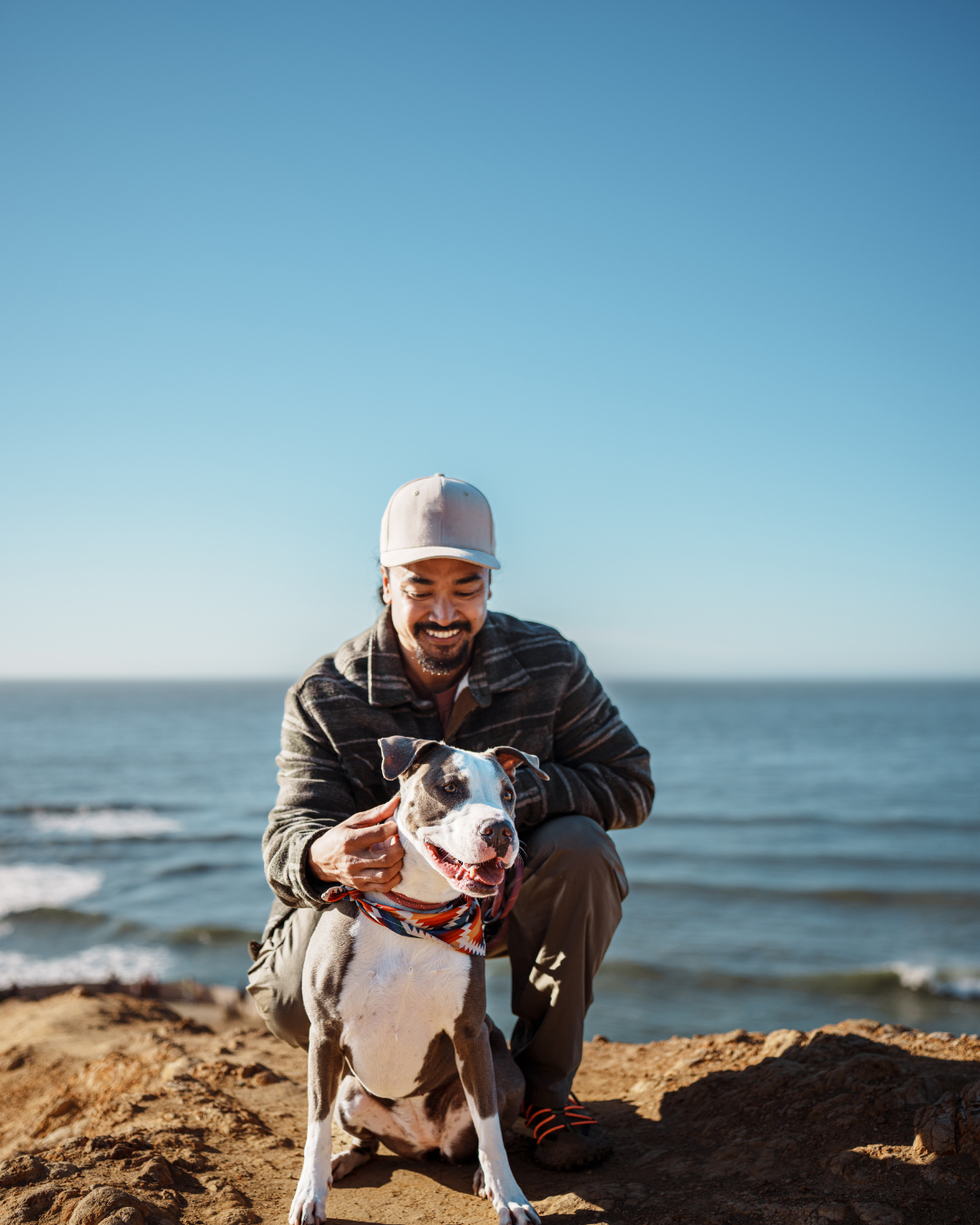 A man kneeling on a rocky shoreline with a smiling dog, overlooking the ocean on a sunny day.