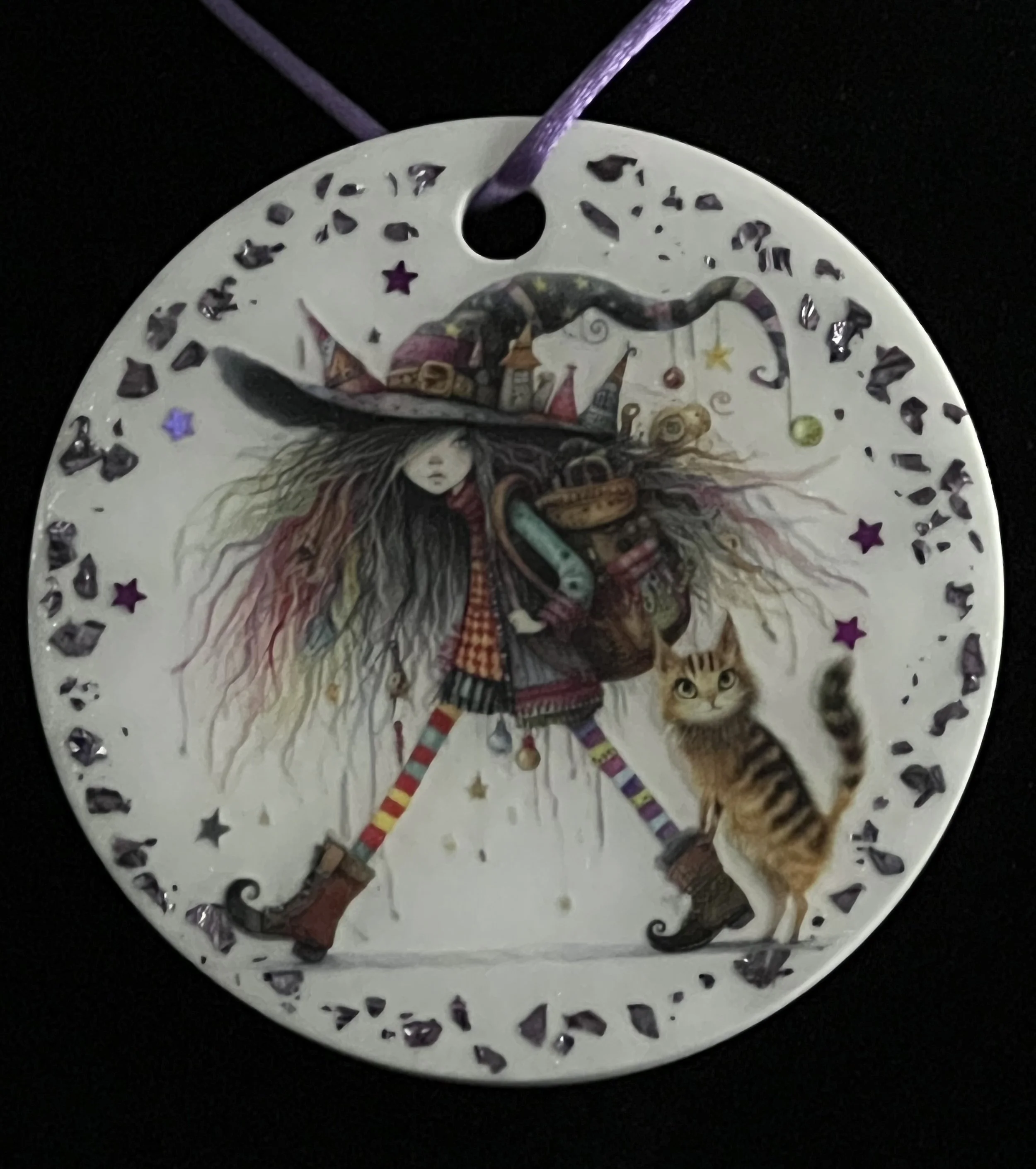 Whimsical Witch & Cat Charm Ornament