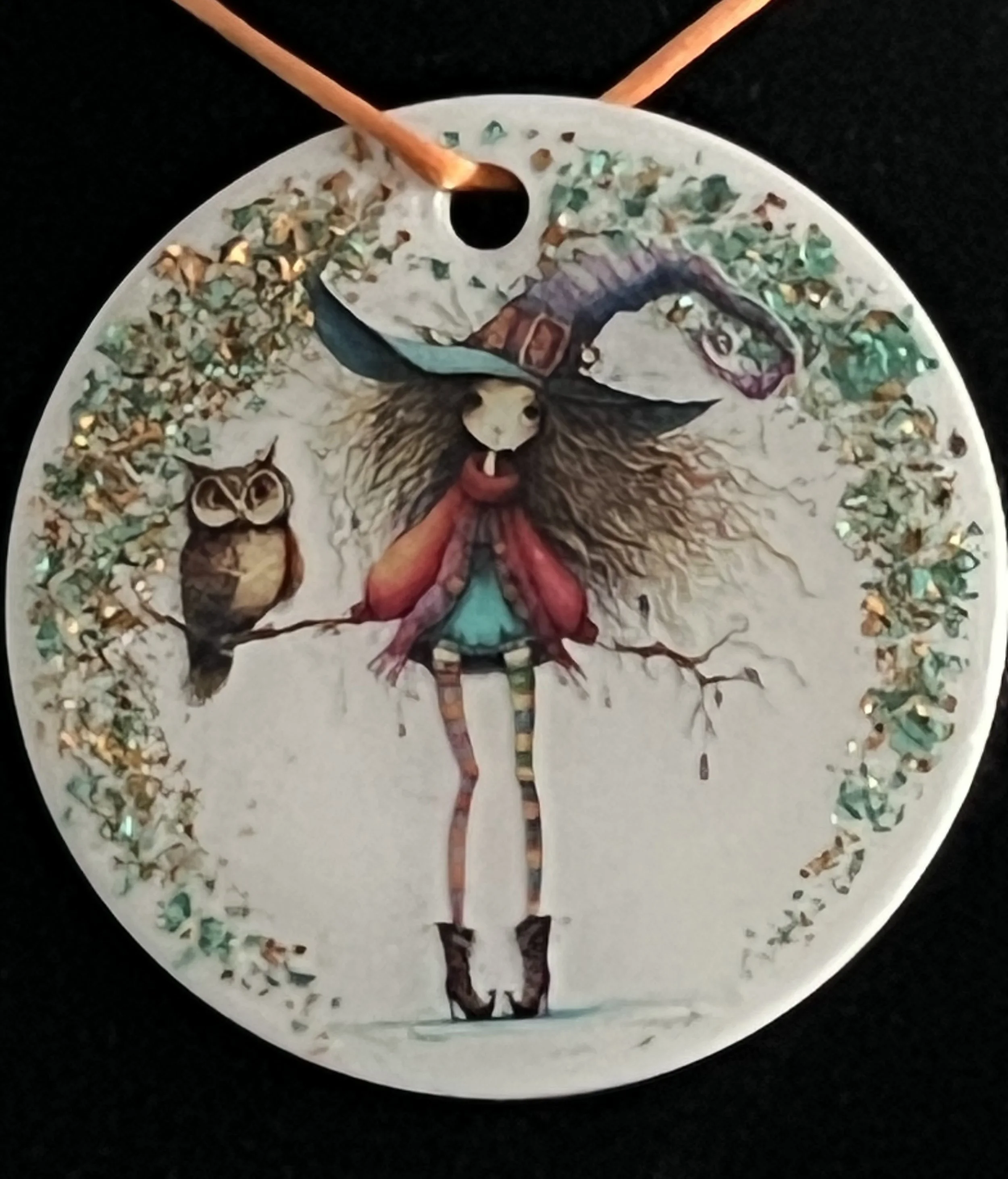 Whimsical Witch & Owl Hanging Ornament