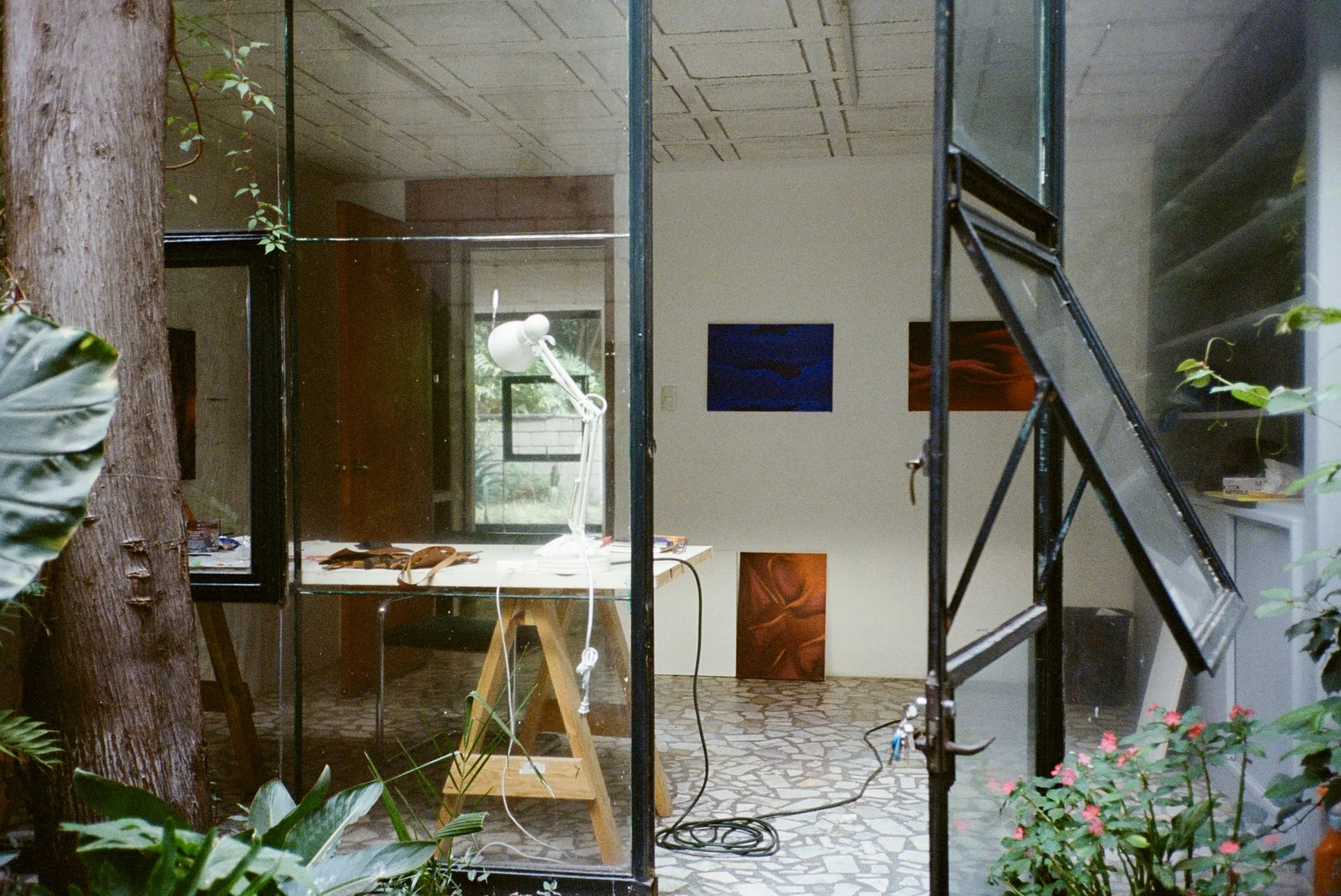 Interior view of an art gallery with a glass wall, displaying paintings on the wall, a ladder, a desk with a lamp, plants, and a tiled floor.