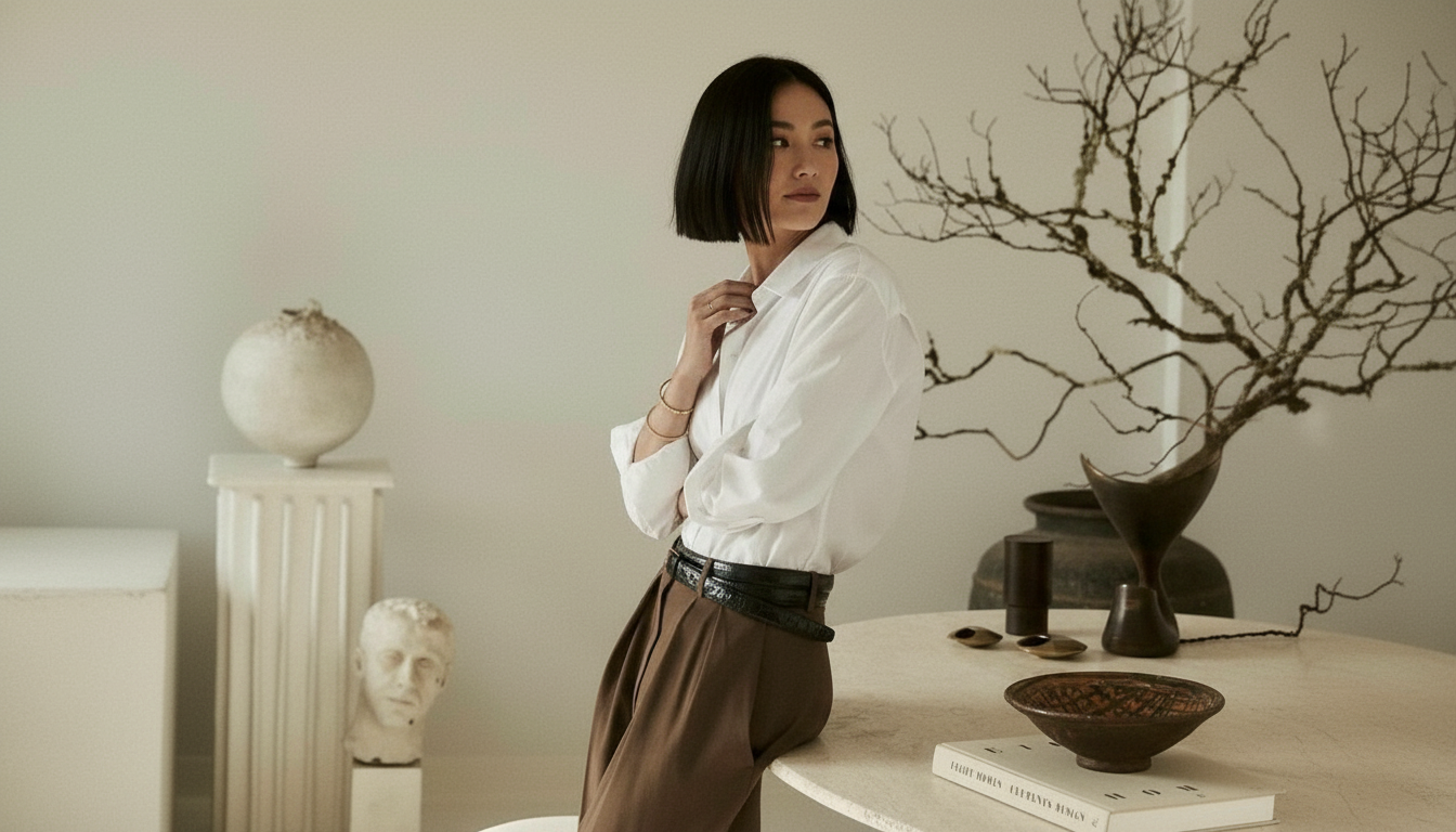 A woman with shoulder-length black hair wearing a white blouse and brown trousers standing by a table decorated with minimalist pottery and a bare branch in a black vase.