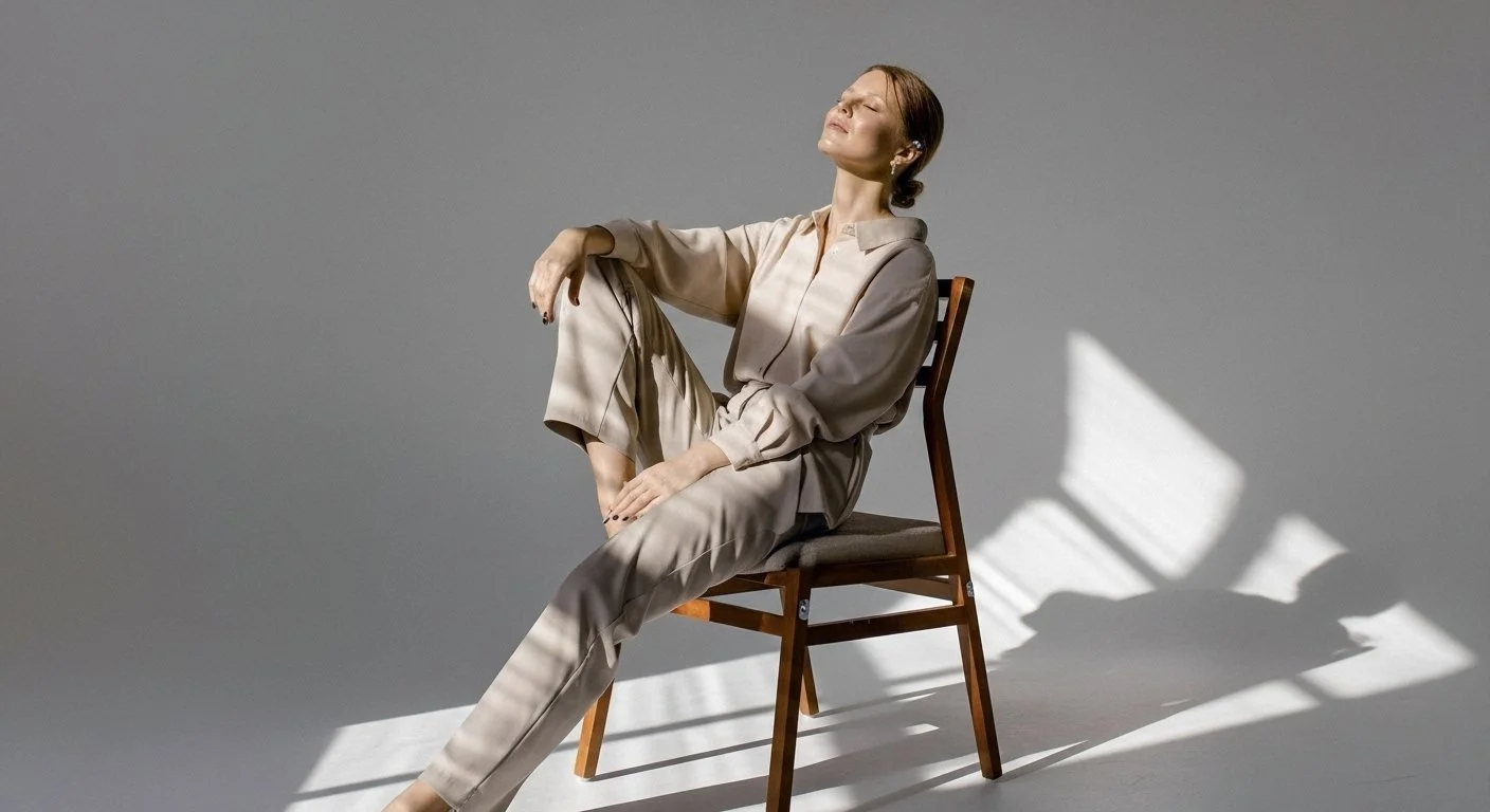 A woman sitting on a wooden chair with her eyes closed, smiling in a relaxed and happy pose, with sunlight casting shadows on the wall and floor.