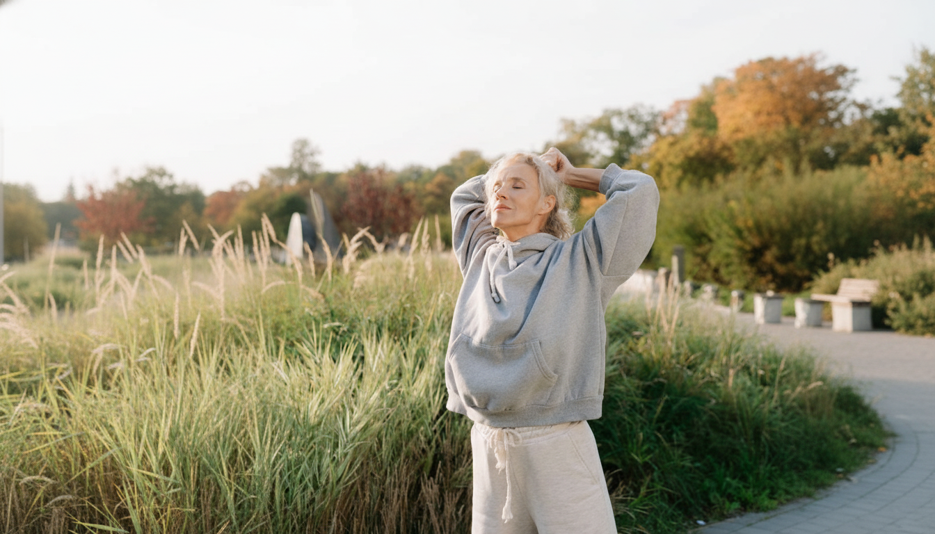 A woman with gray hair wearing a gray hoodie and light-colored sweatpants standing with her eyes closed and hands behind her head, relaxing outdoors in a park with grassy plants and trees in fall foliage.