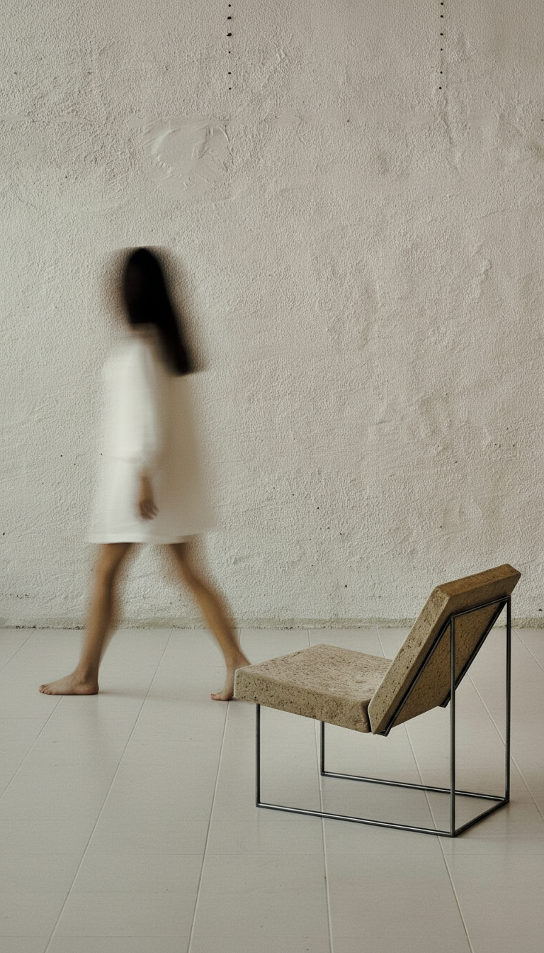 A woman in a white dress walking past a modern chair with a textured seat and a black metal frame in a minimalist room with a textured, off-white wall.