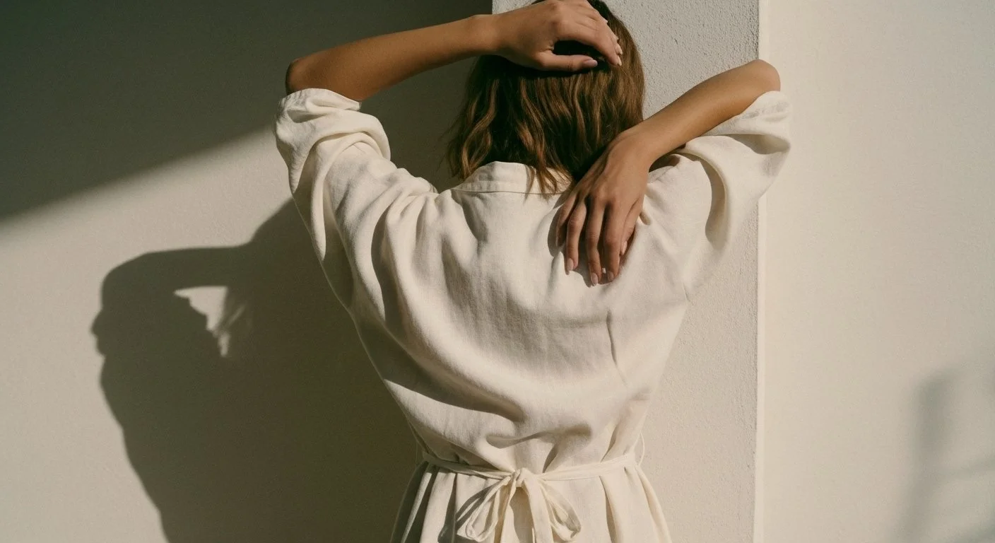 A woman with brown hair, wearing a white robe, standing with her back to the camera against a beige wall, with one hand on her head and the other on her shoulder.