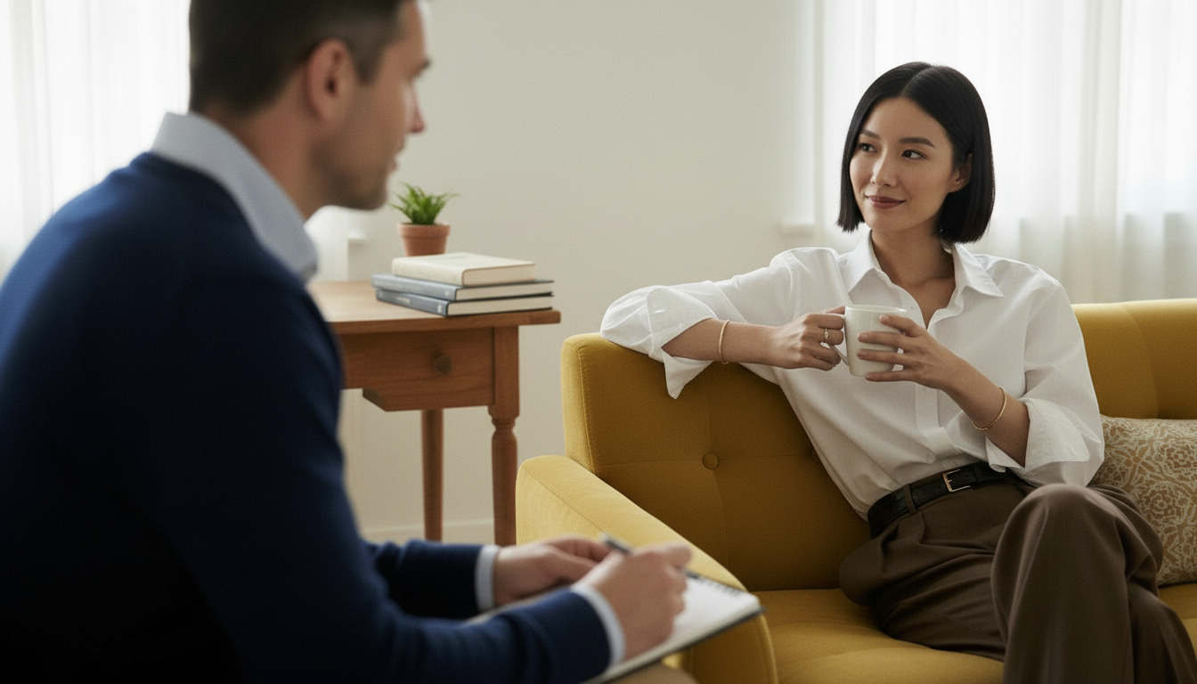 A young woman with shoulder-length black hair wearing a white shirt and brown pants, sitting on a yellow sofa holding a white mug, having a conversation with a man in a dark suit taking notes during an interview or meeting in a bright living room.