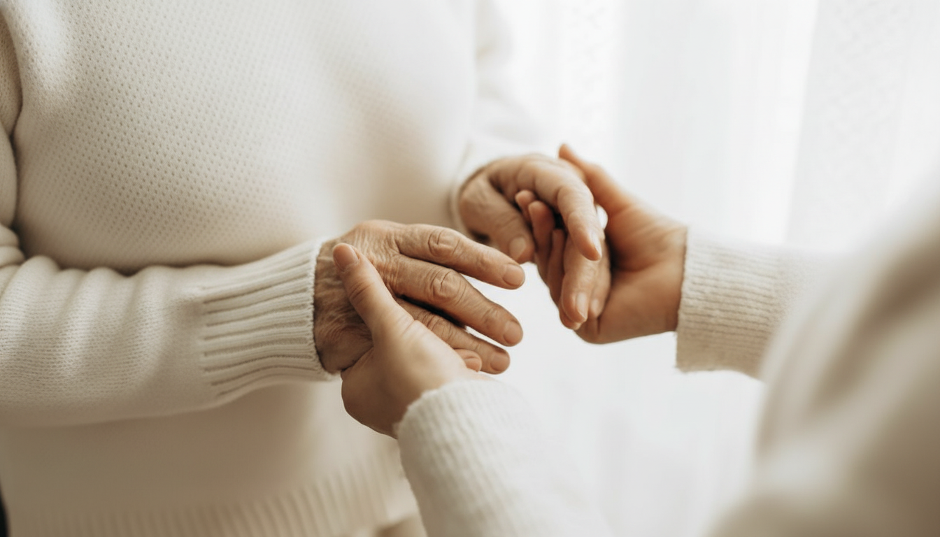 Close-up of two elderly people holding hands, showing their wrinkled skin, wearing cream-colored sweaters, with soft natural light in the background.