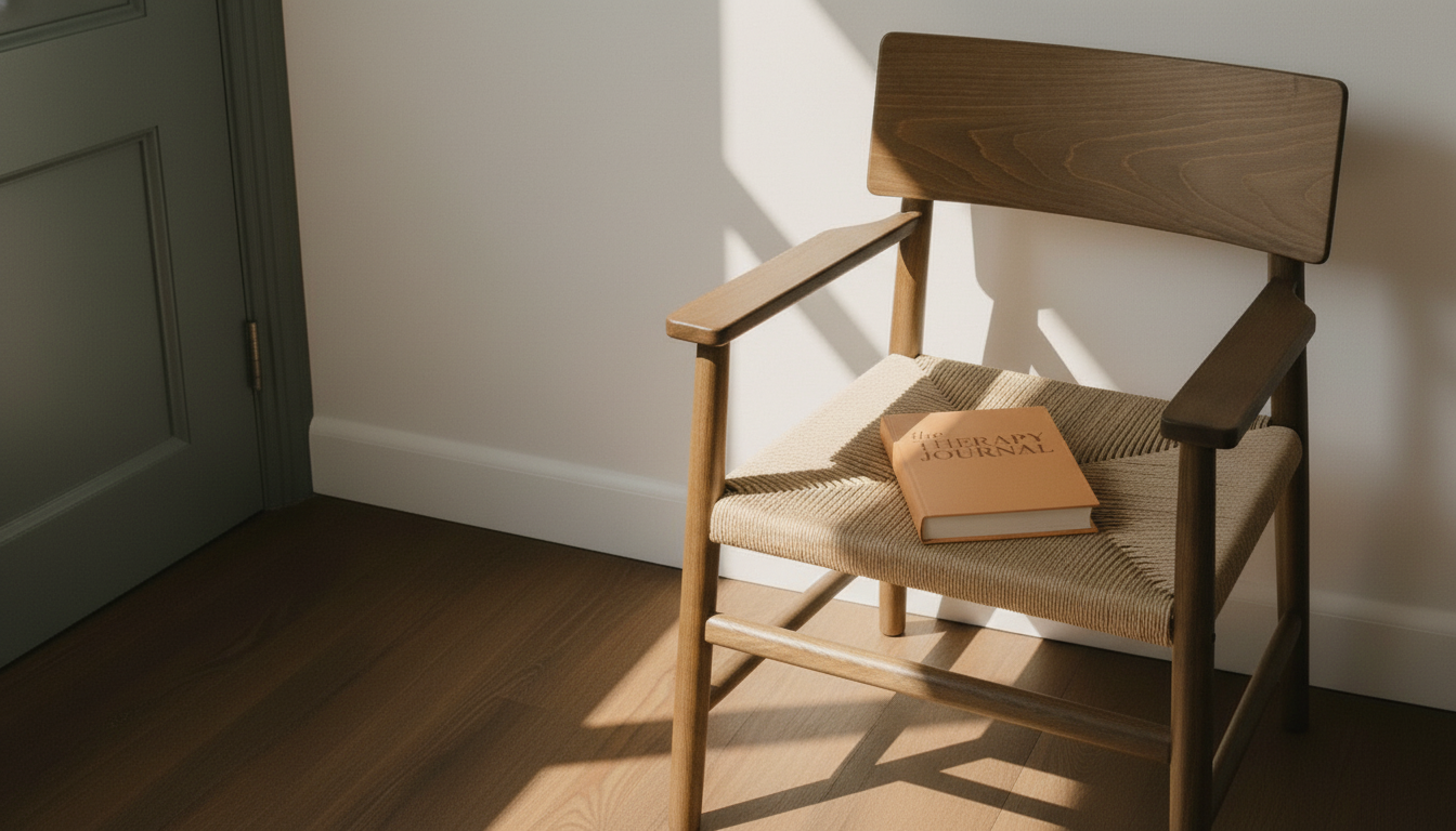 A wooden armchair with a beige woven seat cushion, sitting against a white wall near a gray door. A closed orange book titled 'Literary Journal' rests on the seat.