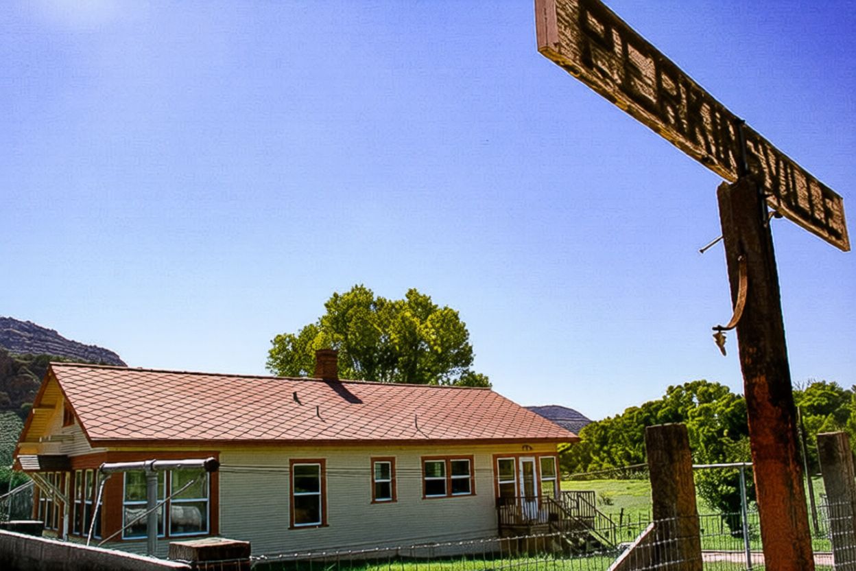 A house with a red roof, white walls, and multiple windows in a rural setting, with a large green tree in the background and a clear blue sky.