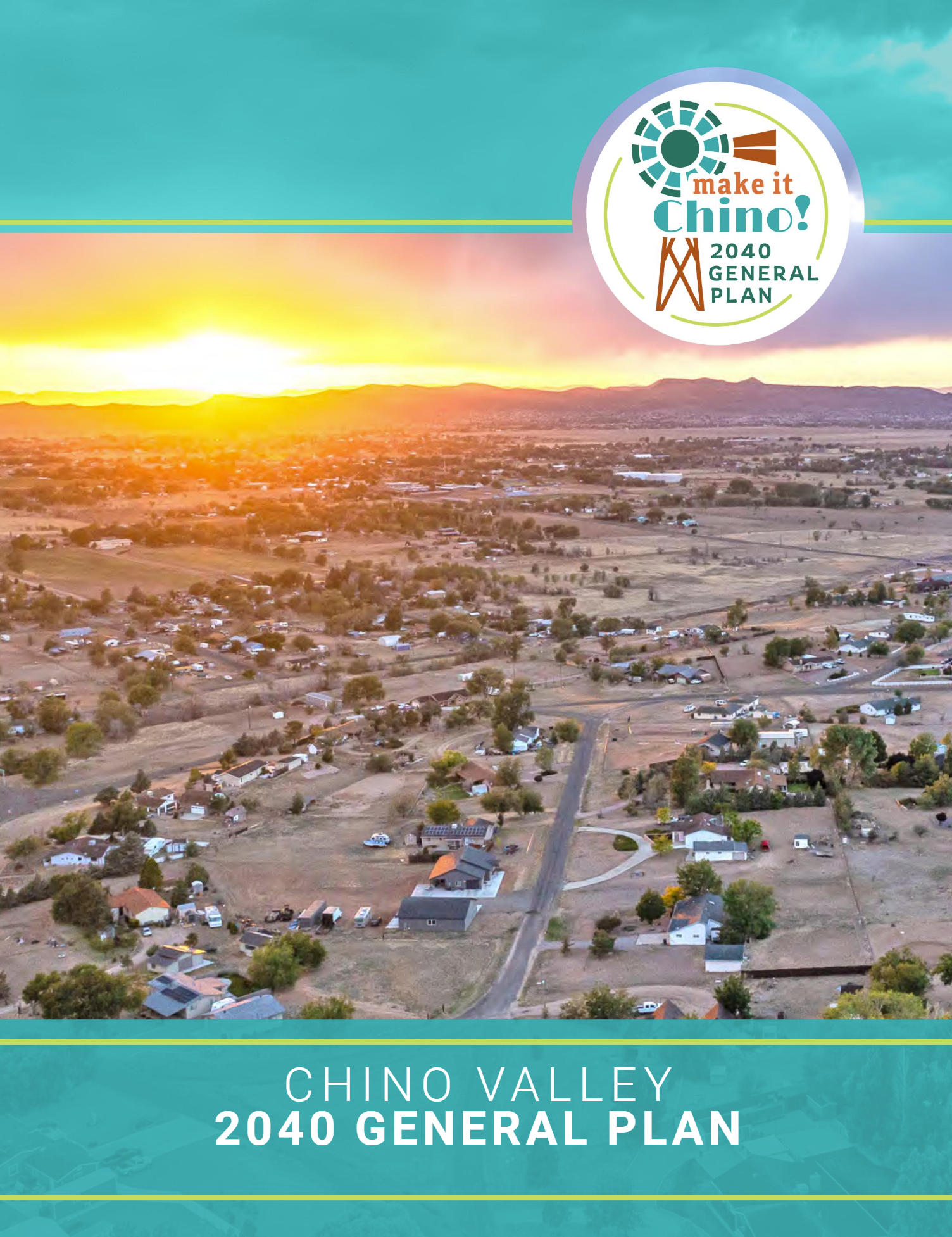 Aerial view of Chino Valley with residential homes, roads, and open land, during sunset with a colorful sky and a sun setting behind distant mountains.