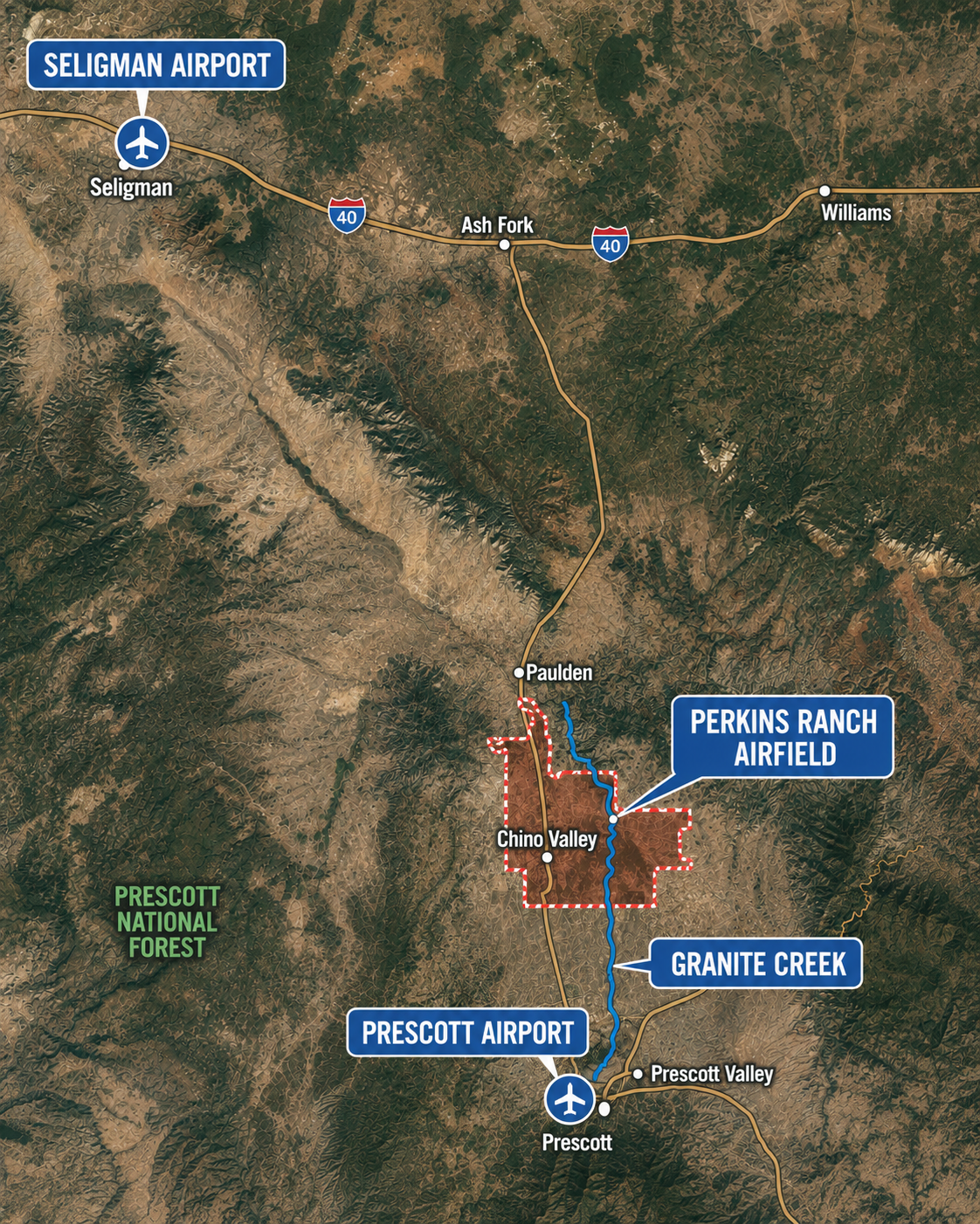 Map showing the area around Prescott, Arizona, highlighting Prescott Airport, Perkins Ranch Airfield, Chino Valley, Granite Creek, and nearby towns Seligman, Ash Fork, Williams, and Paulden, with major roads and the Prescott National Forest.