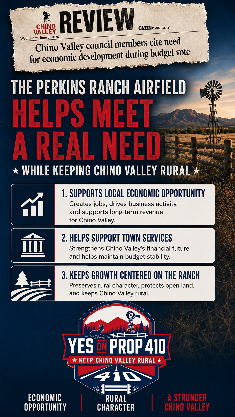 A flyer promoting Proposition 410 to keep Chino Valley rural. It features a headline about assessing the need for economic development while maintaining rural character. The flyer lists three main points: supporting local economic opportunity, supporting town services, and keeping growth centered on the ranch. The flyer has a background image of a rural landscape with mountains, a windmill, and fences, with a logo at the bottom that includes mountains, a windmill, a cow, and a road sign.