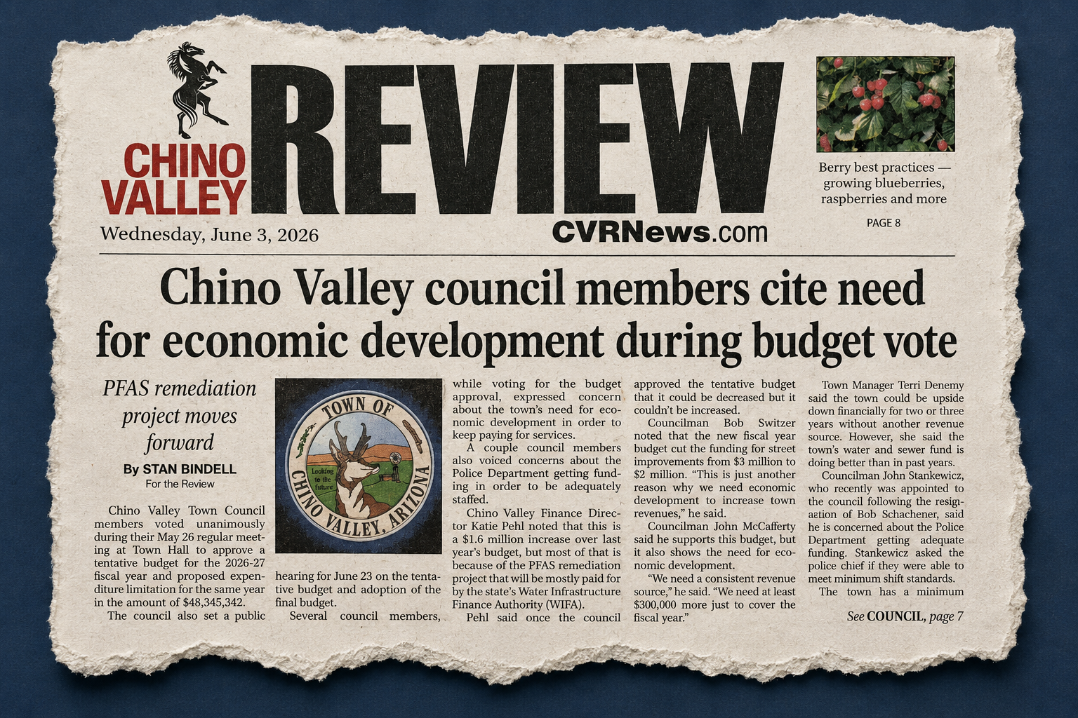 A newspaper titled Chino Valley review with headlines about Chino Valley council members citing the need for economic development. The date is Wednesday, June 3, 2026. It features a logo of Chino Valley, Arizona, and a small image of berry plants with a caption about berry cultivation.