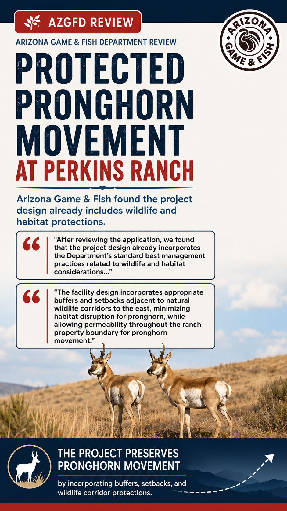 Poster about AZGFD review of protected pronghorn movement at Perkins Ranch, Arizona, featuring two pronghorn antelopes in a grassland with mountains and blue sky background.