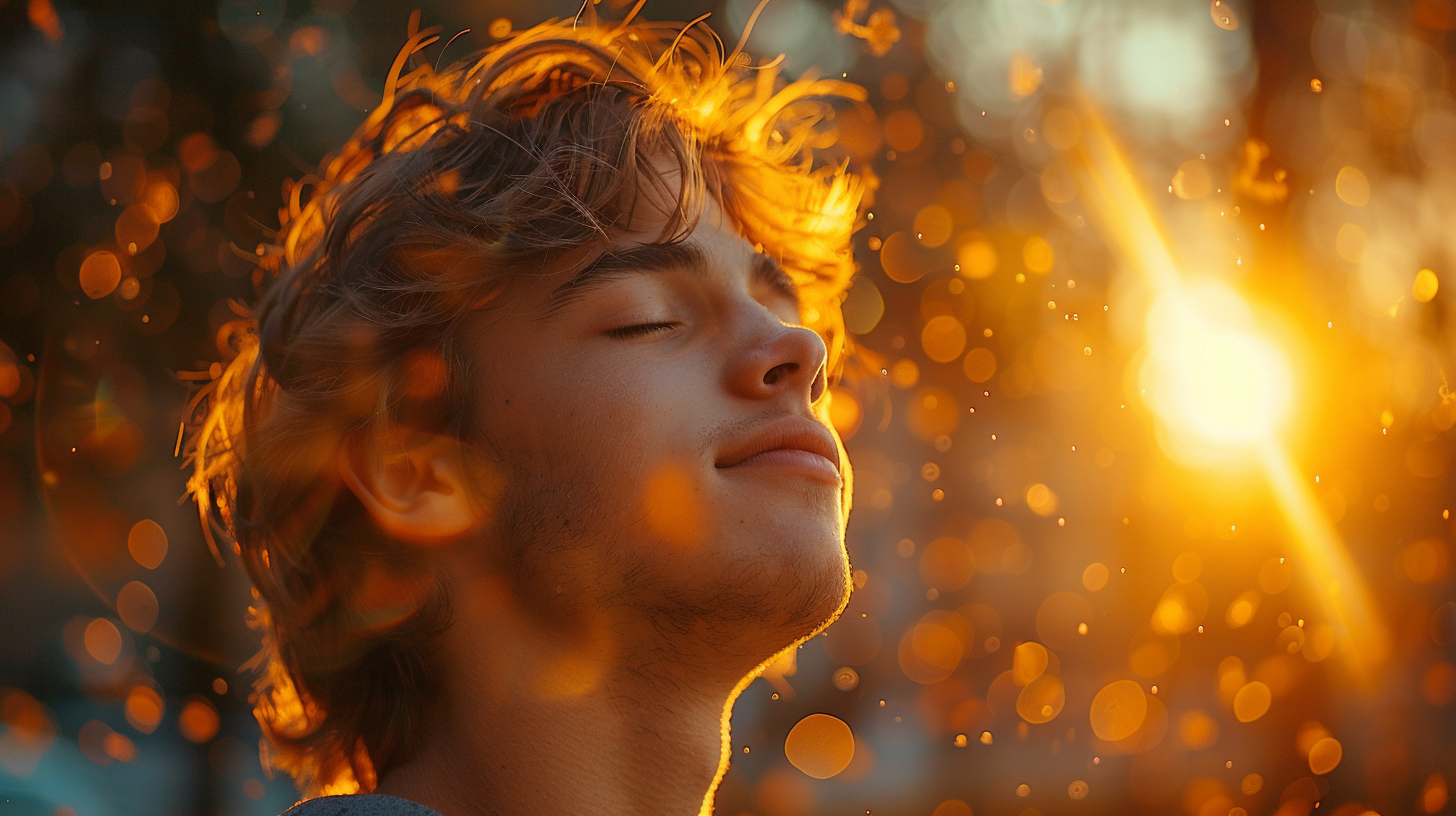 A young man with closed eyes enjoying sunlight with warm, glowing bokeh background.