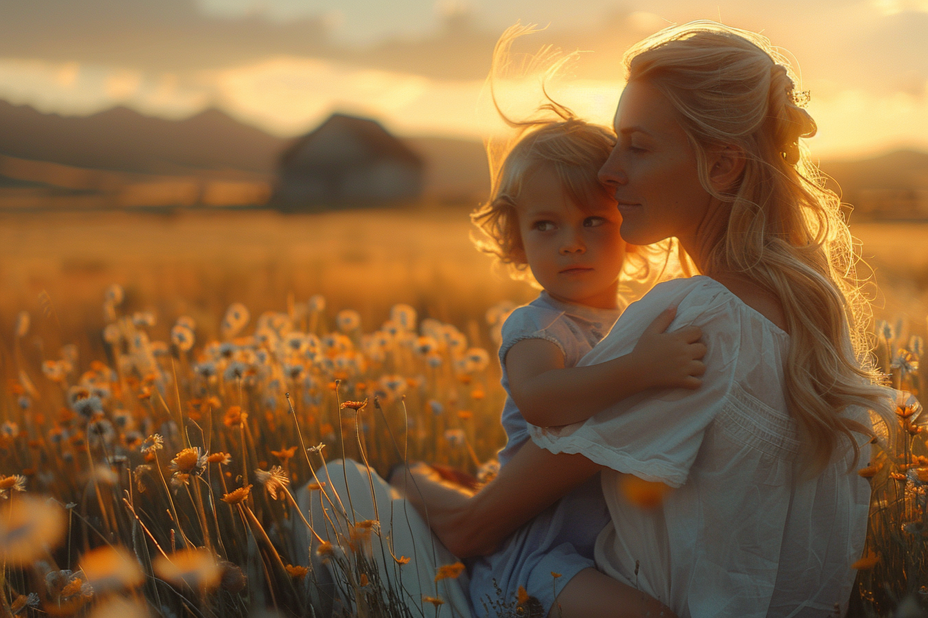 A woman and a young girl sitting in a field of yellow flowers during sunset, embracing each other.