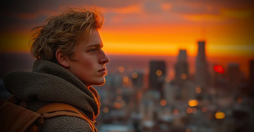 A young man with blond hair looking to the left at sunset in a city skyline.
